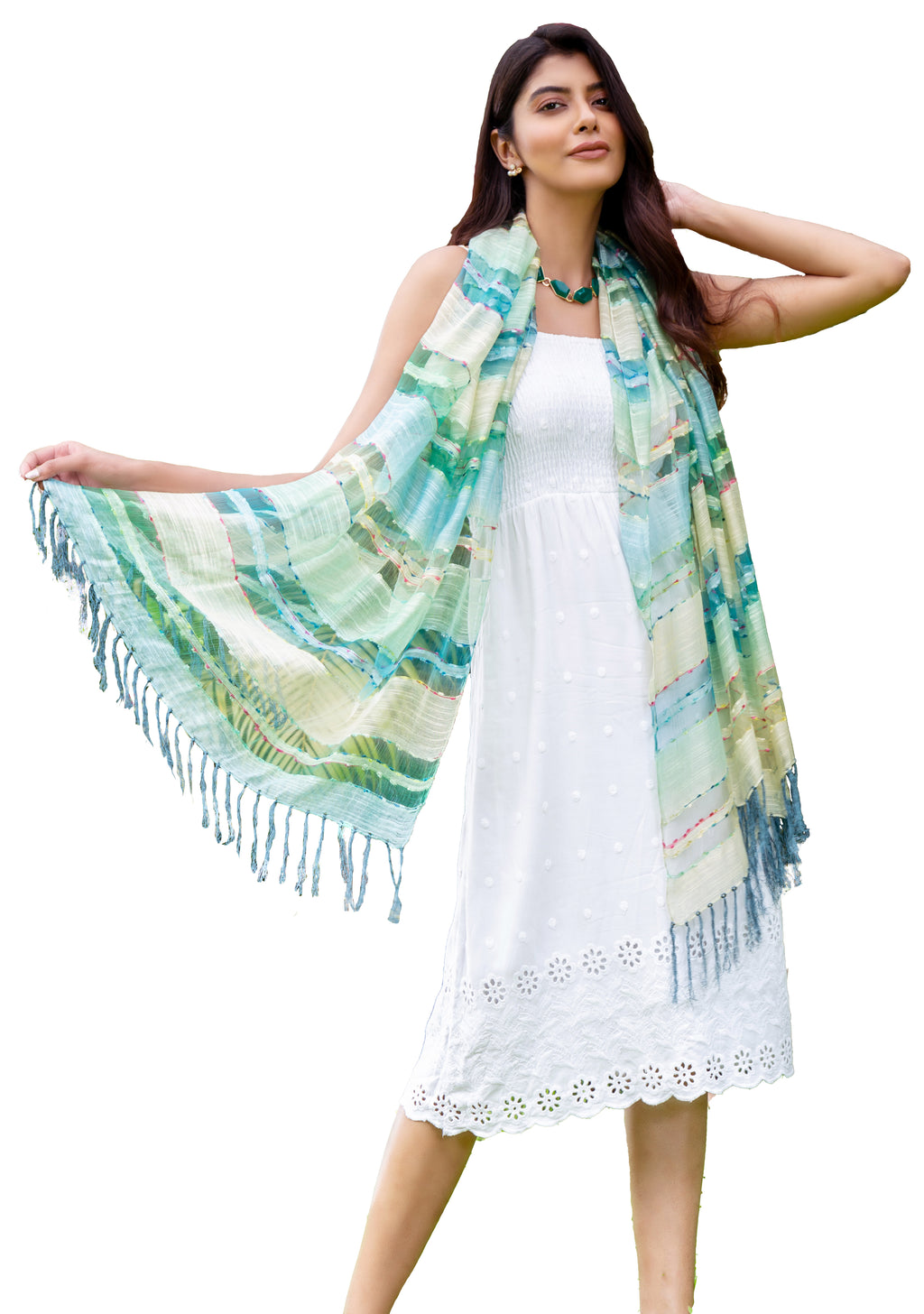 LARGE SIZE Breezy Striped Summer Scarf with Soft Tassels – Aqua & Meadow Tones