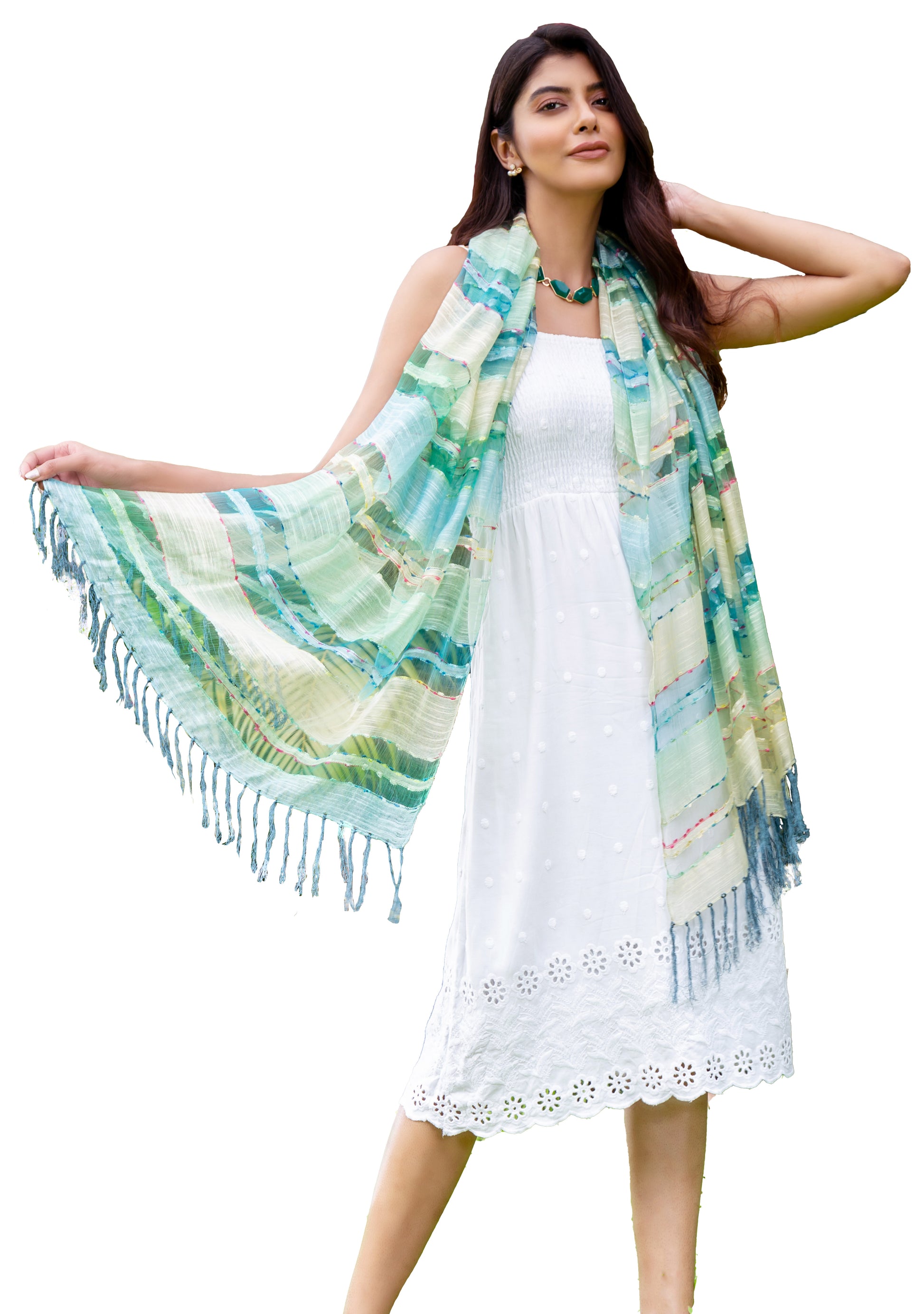 LARGE SIZE Breezy Striped Summer Scarf with Soft Tassels – Aqua & Meadow Tones