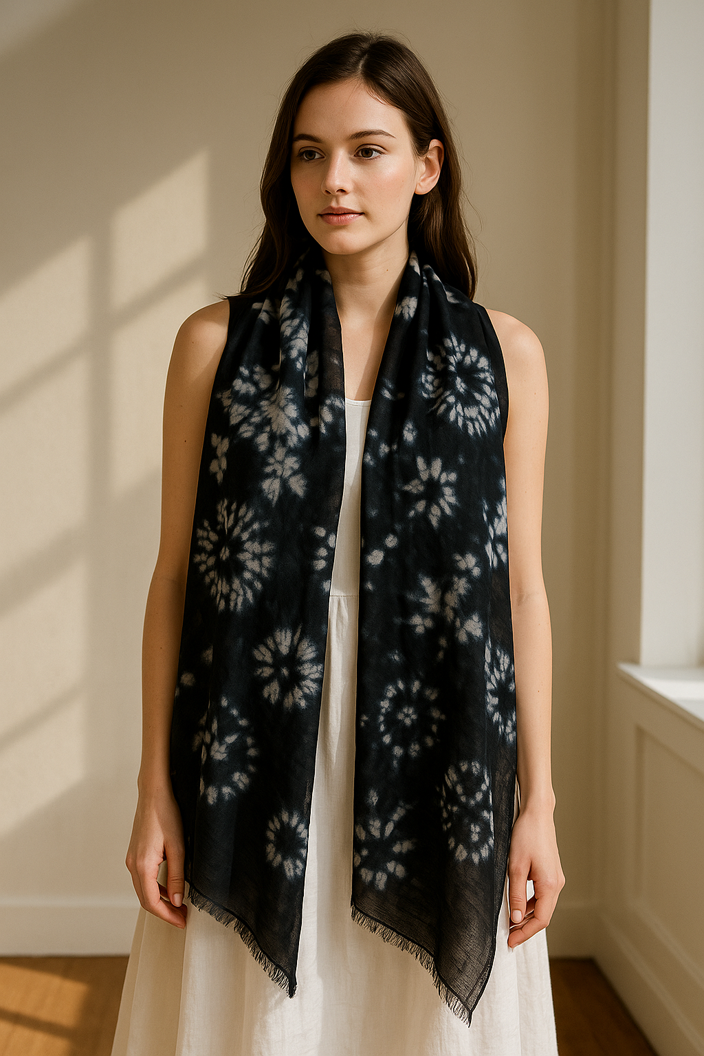 Shibori Black Circles Hand Tye Dye Silk Cotton Natural Scarf