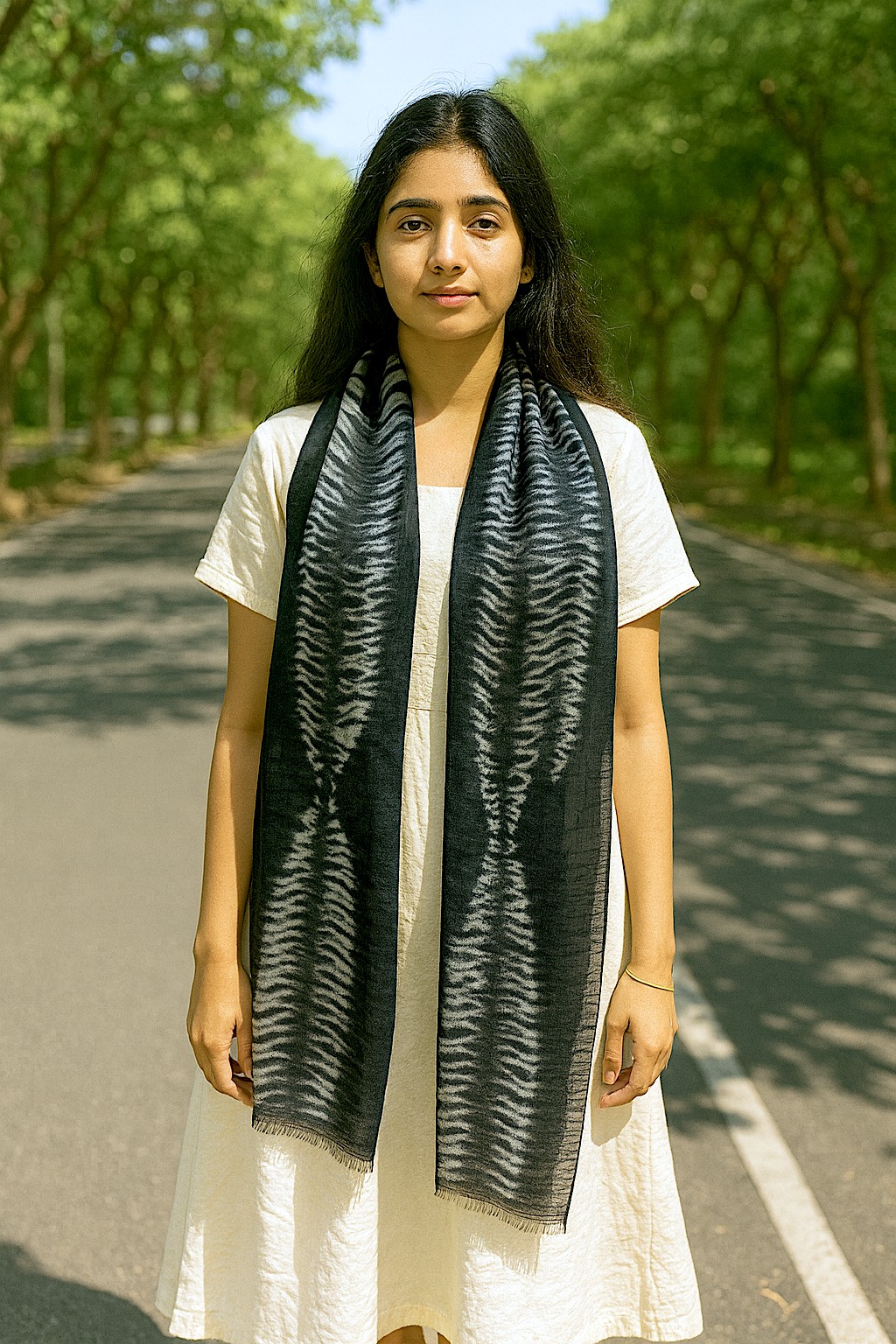 Shibori Black Diamond Hand Tye Dye Silk Cotton Natural Scarf