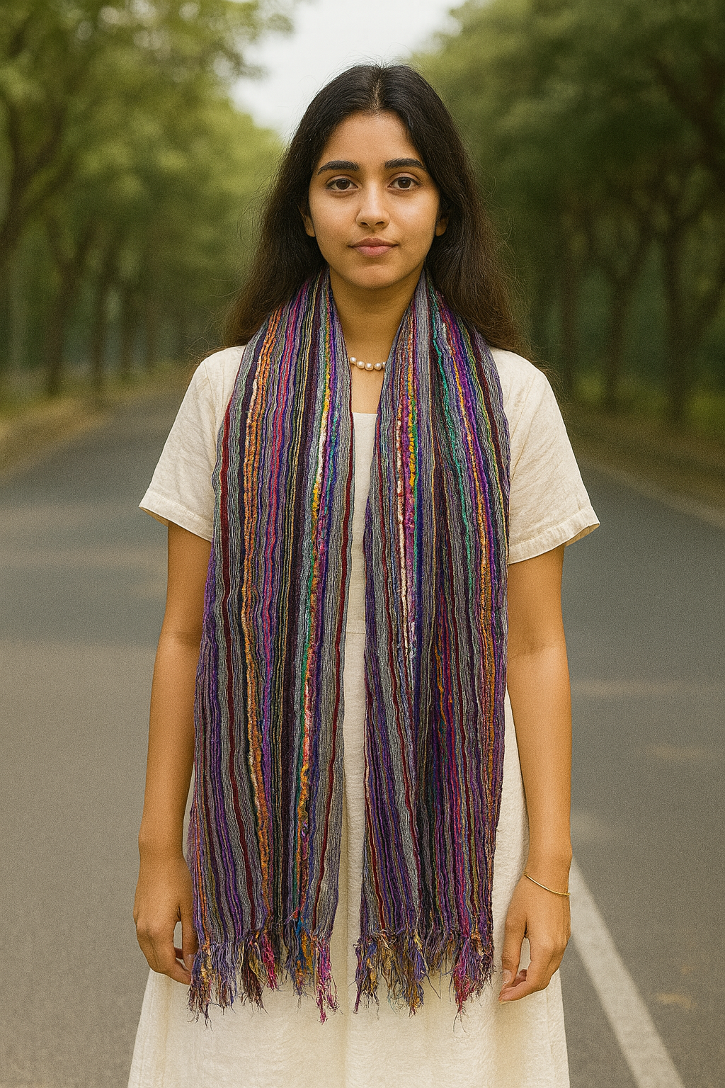 LARGE SIZE Handcrafted Acrylic–Silk Textured Scarf – Multicolor Artisan Weave