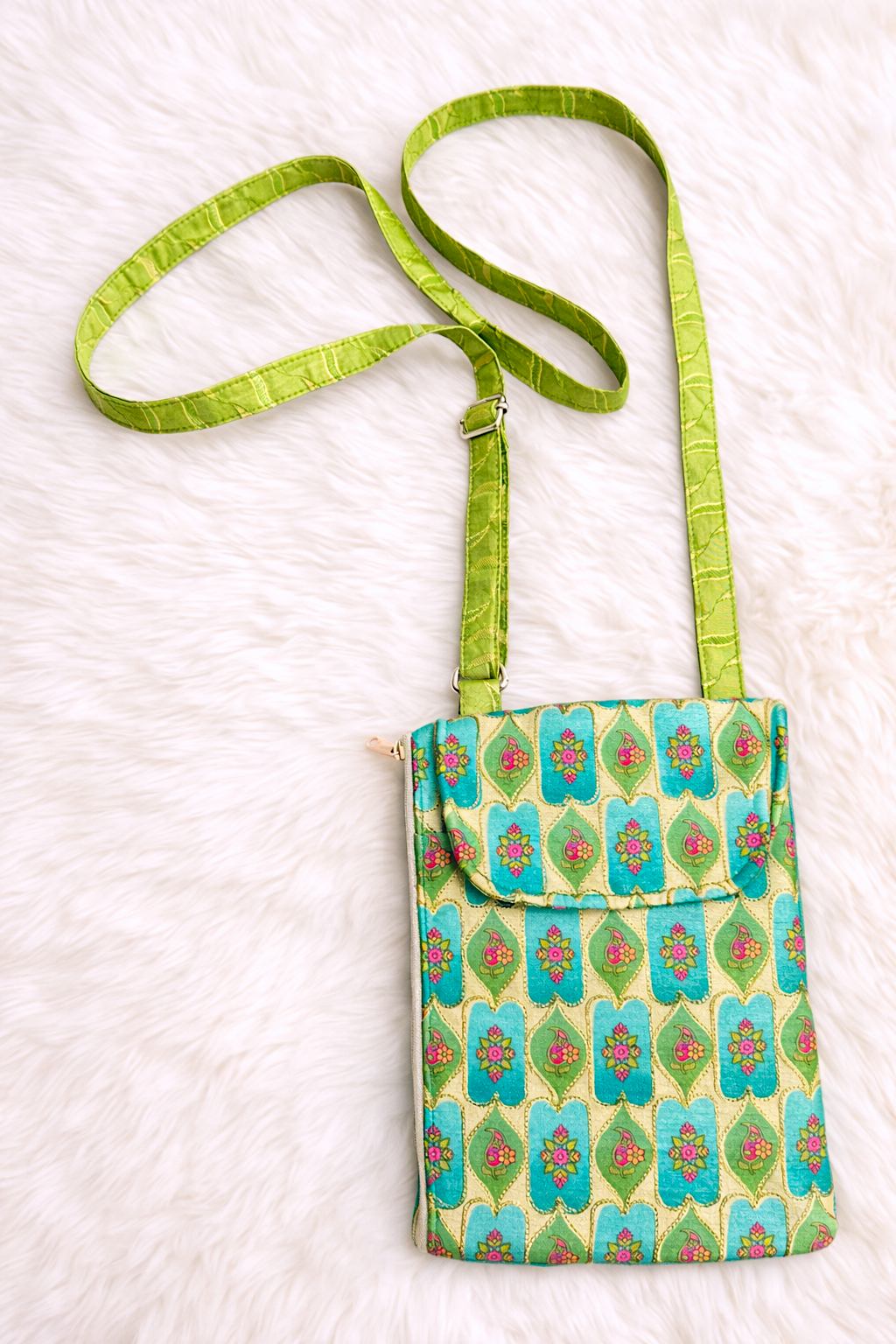 Embroidered Phone Pouch & Mini Sling Bag in Green Floral Print