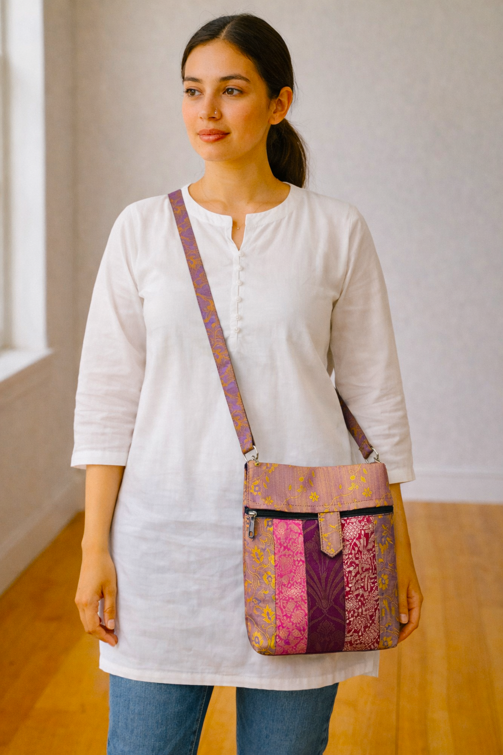 Pure Silk Patchwork Sling Bag in Pink & Plum with Dual Closure