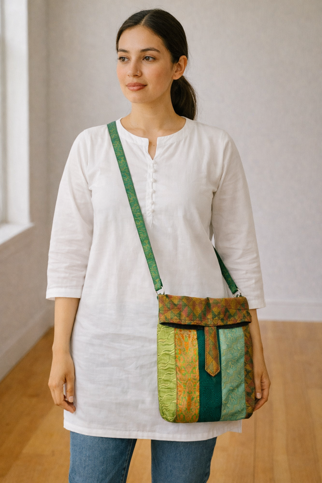 Pure Silk Patchwork Sling Bag in Green Tones with Dual Closure