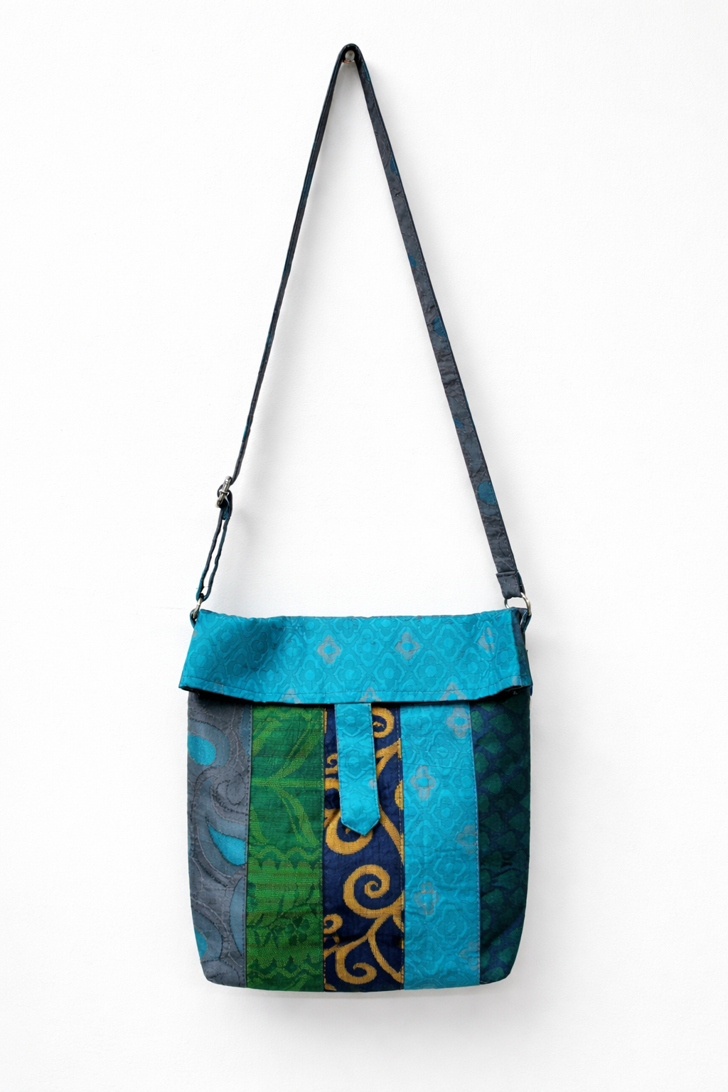 Pure Silk Patchwork Sling Bag in Teal & Blue with Dual Closure