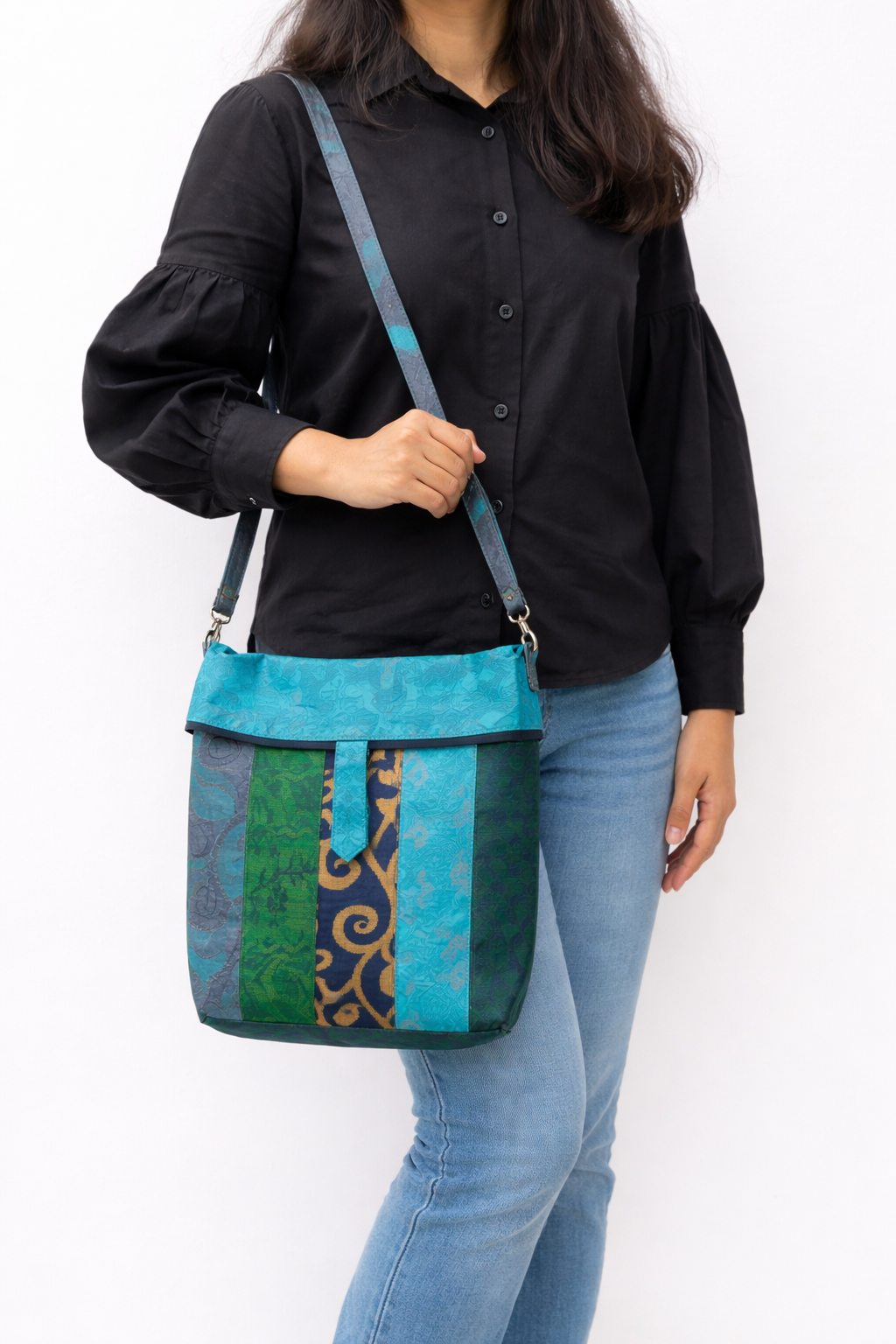 Pure Silk Patchwork Sling Bag in Teal & Blue with Dual Closure