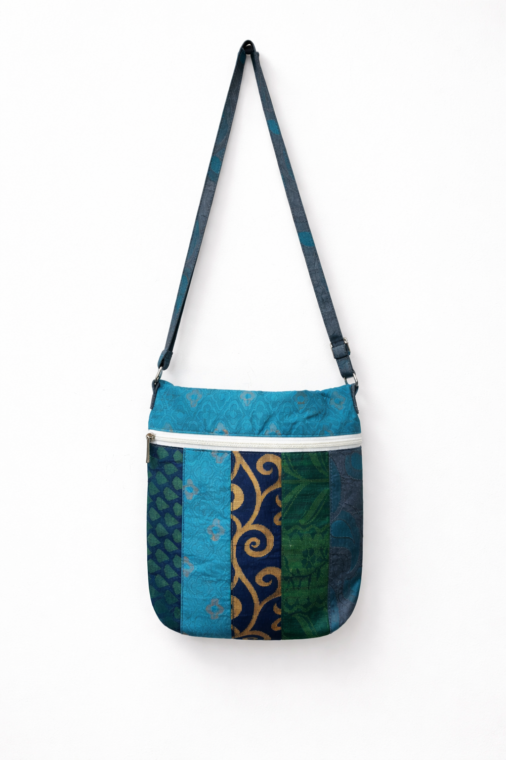 Pure Silk Patchwork Sling Bag in Teal & Blue with Dual Closure