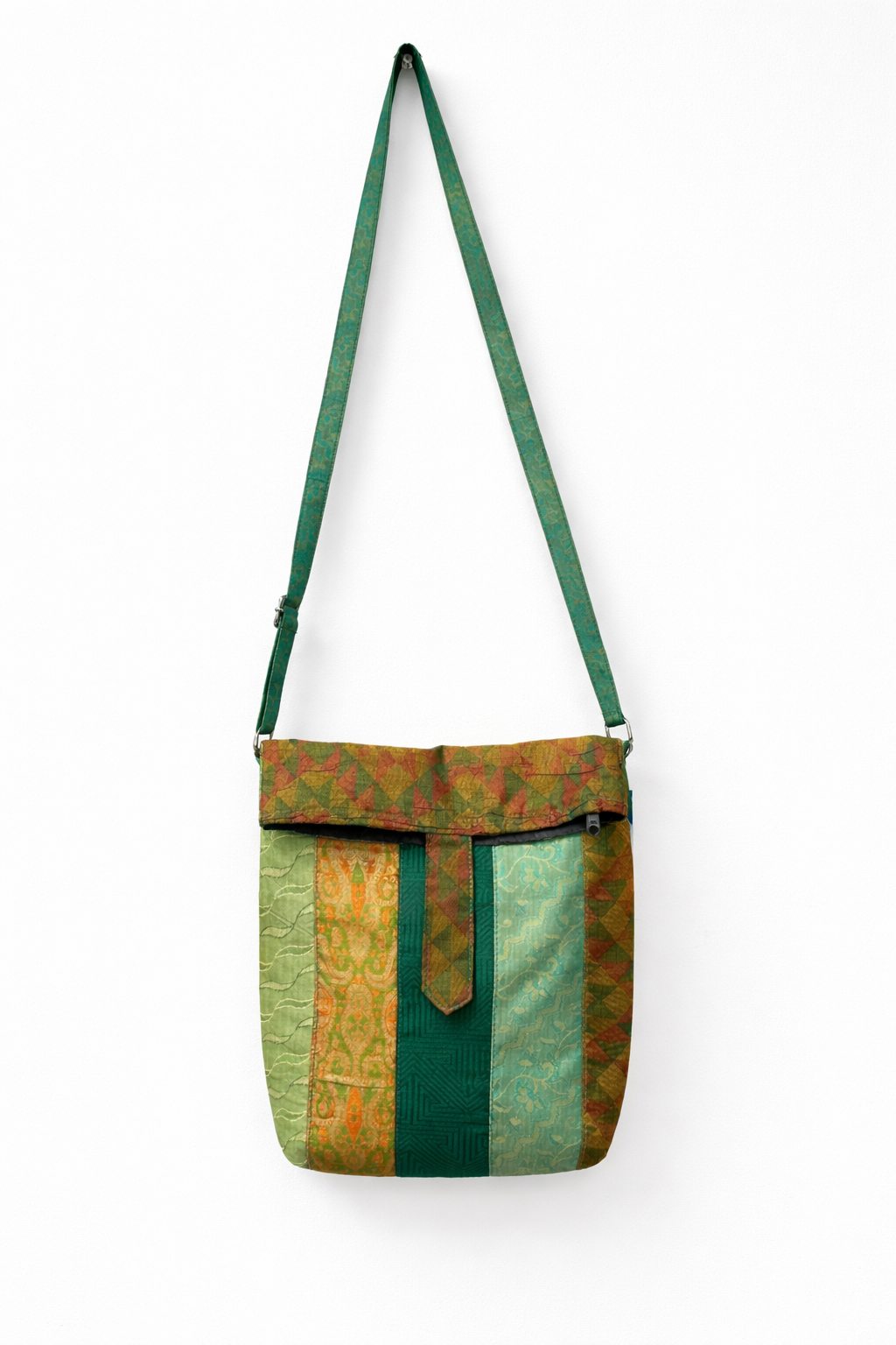 Pure Silk Patchwork Sling Bag in Green Tones with Dual Closure