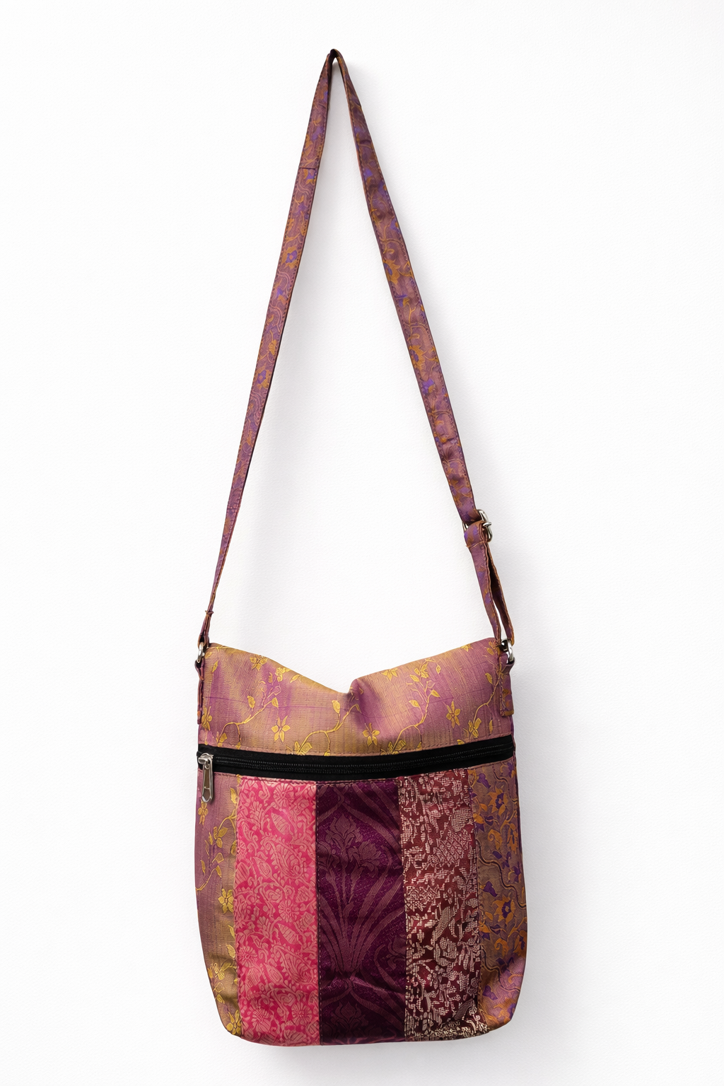 Pure Silk Patchwork Sling Bag in Pink & Plum with Dual Closure