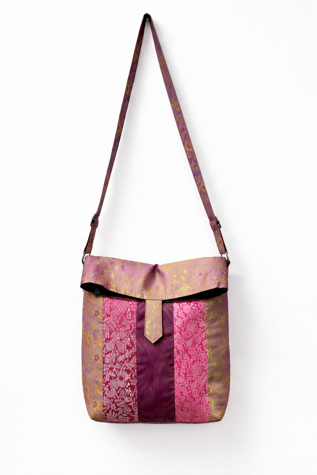 Pure Silk Patchwork Sling Bag in Pink & Plum with Dual Closure