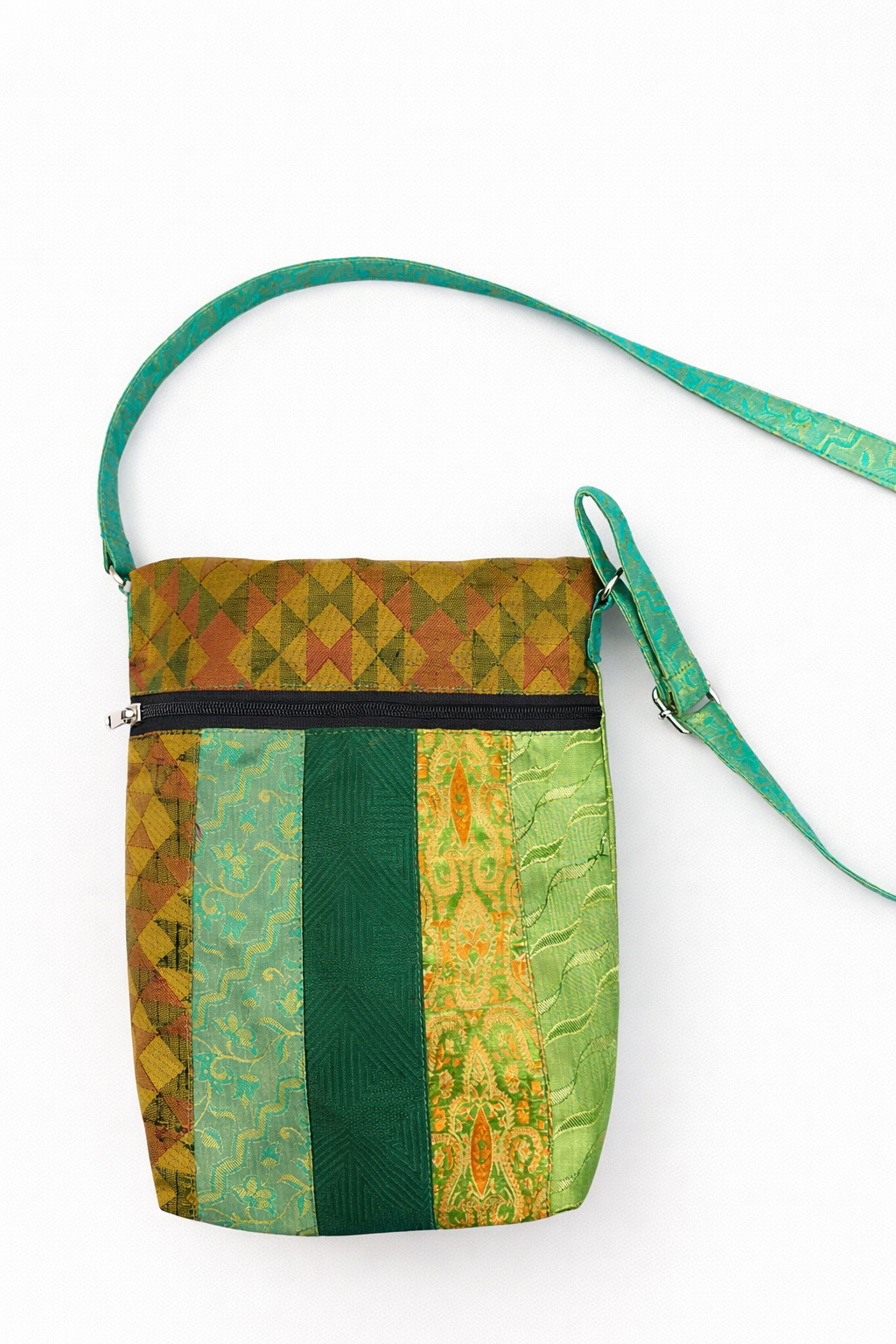 Pure Silk Patchwork Sling Bag in Green Tones with Dual Closure