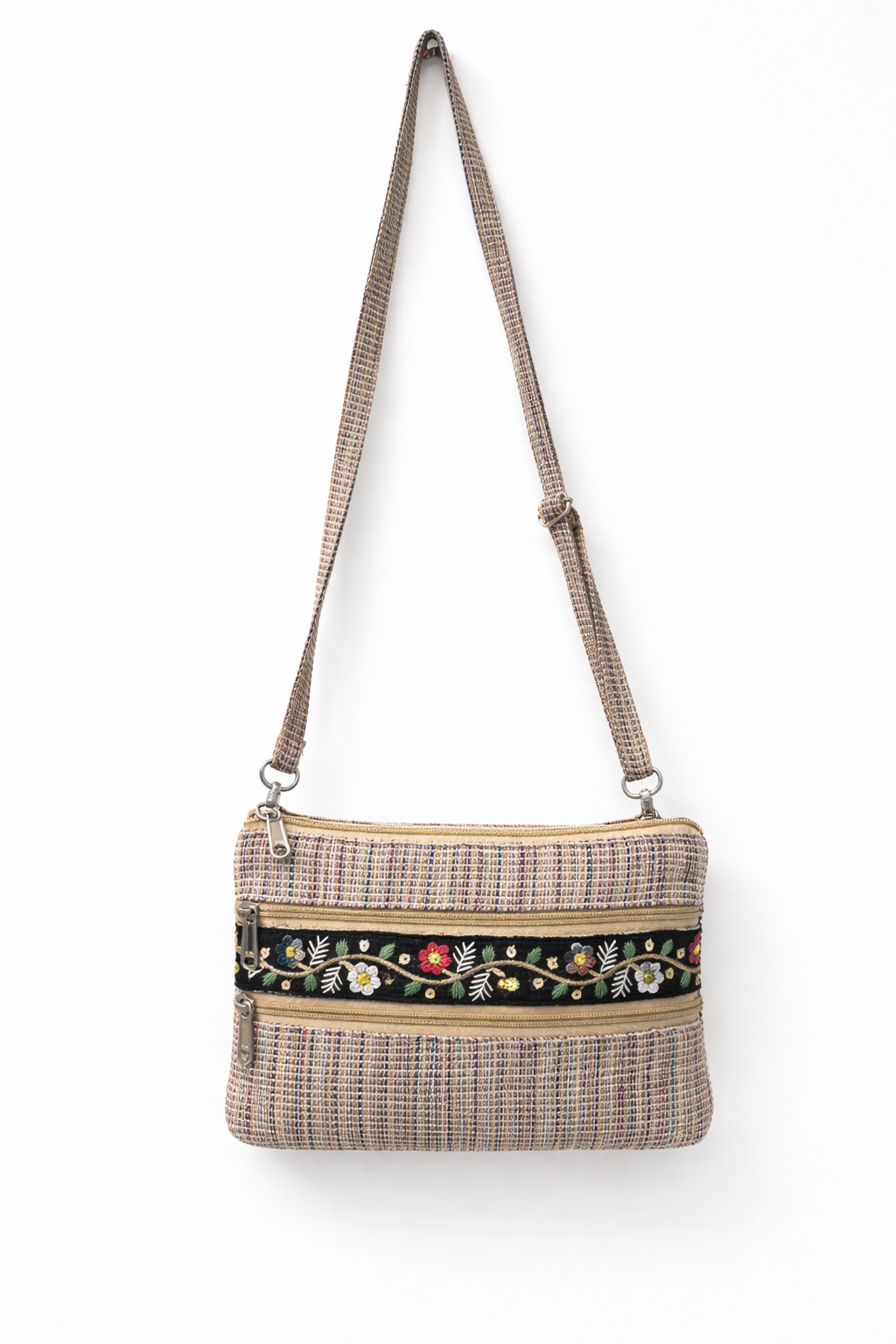 Tweed Multi-Zip Sling Bag with Embroidered Detail
