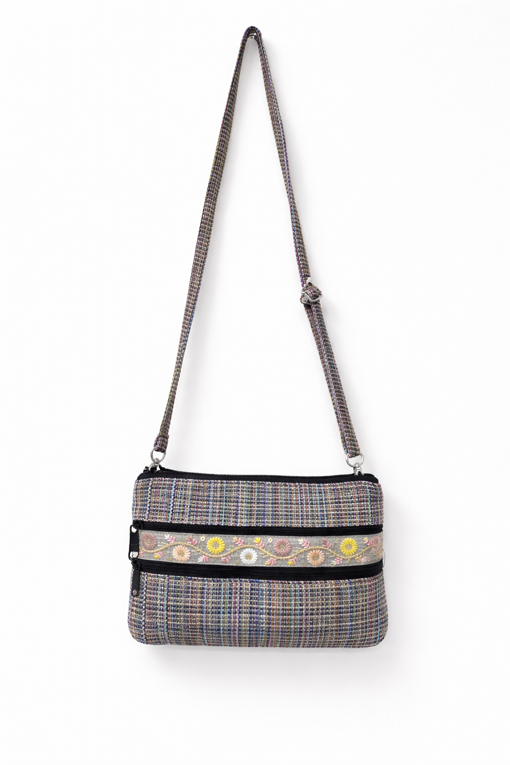 Tweed Multi-Zip Sling Bag with White Embroidered Detail