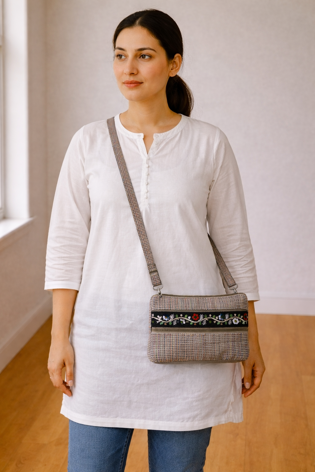 Tweed Multi-Zip Sling Bag with Embroidered Detail