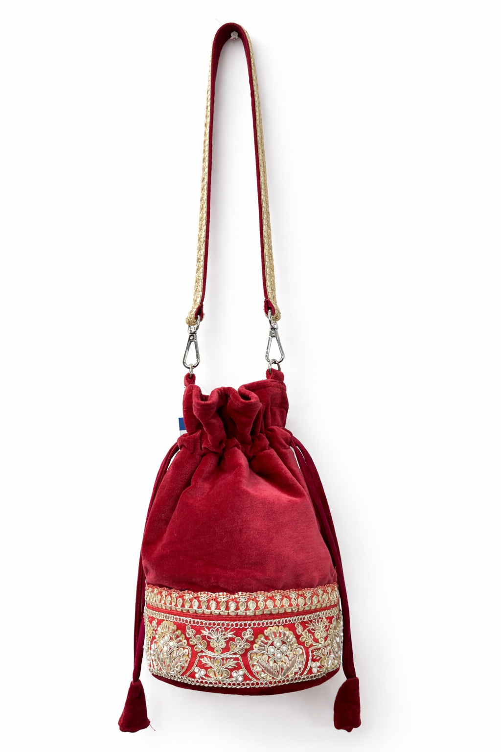 Embroidered Cotton Velvet Potli Bag cum Mini Sling in Red
