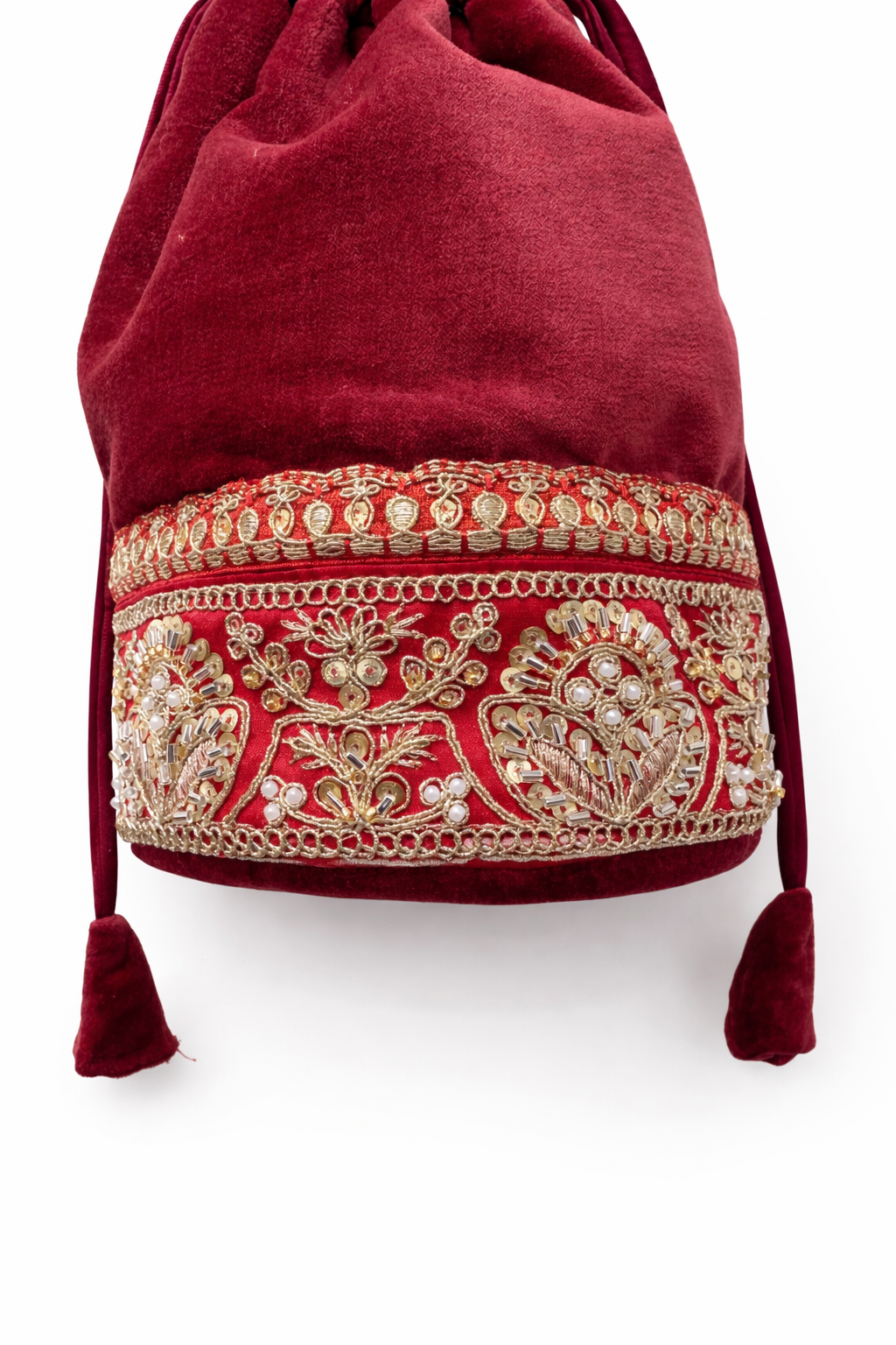 Embroidered Cotton Velvet Potli Bag cum Mini Sling in Red