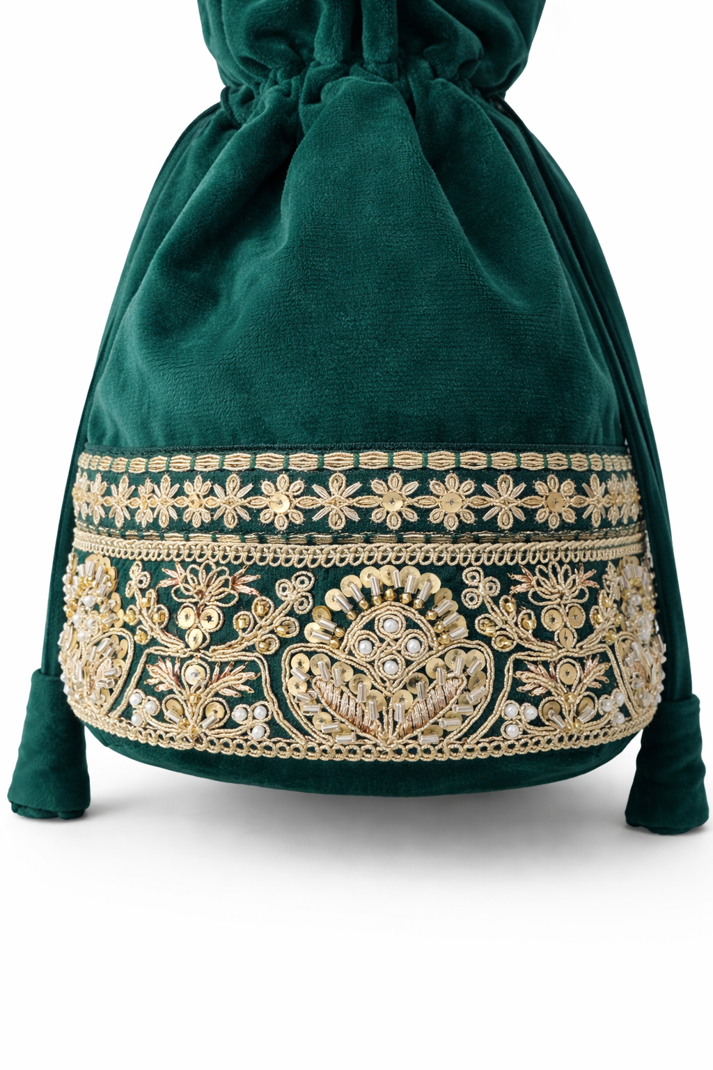 Embroidered Cotton Velvet Potli Bag cum Mini Sling in Emerald Green