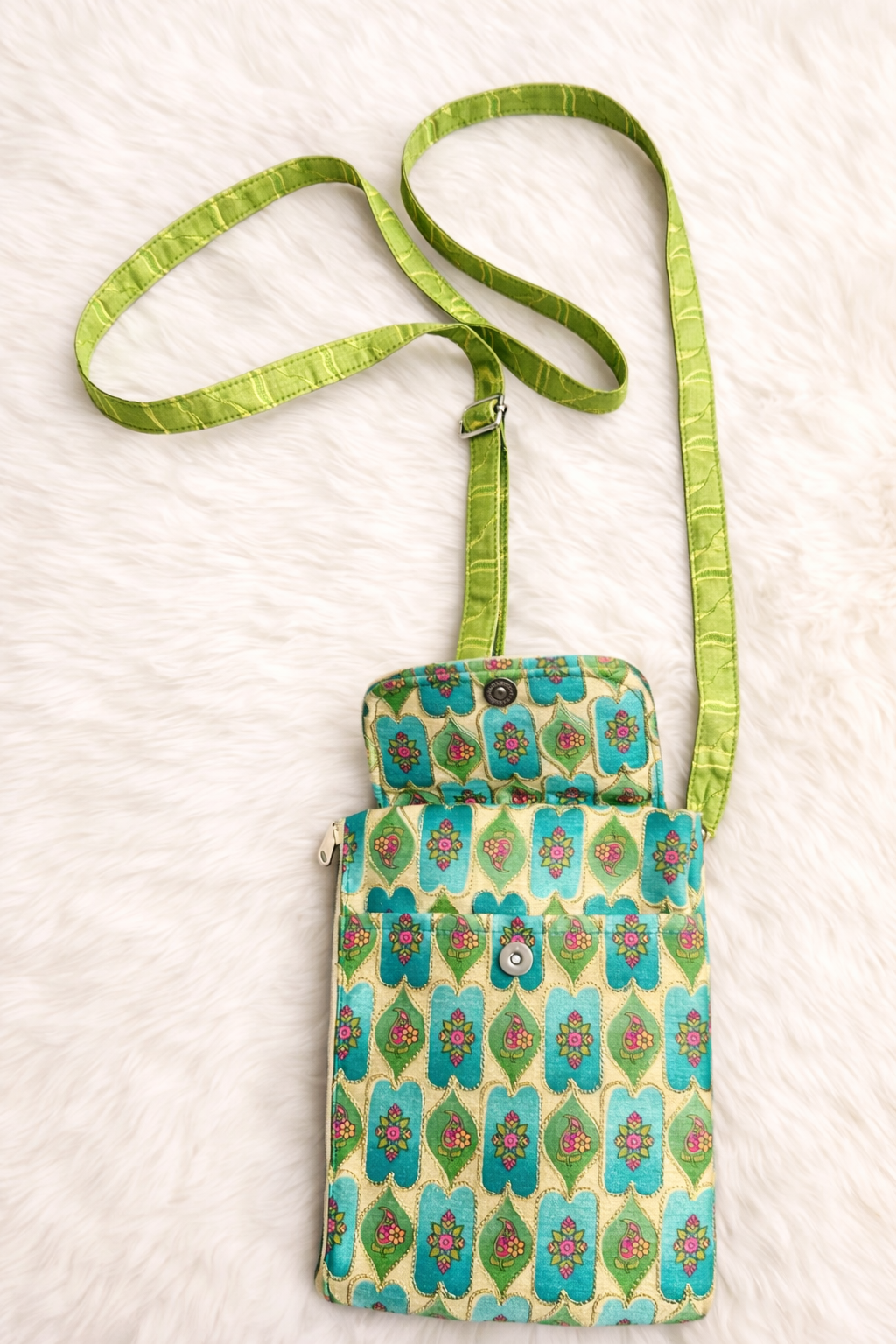 Embroidered Phone Pouch & Mini Sling Bag in Green Floral Print
