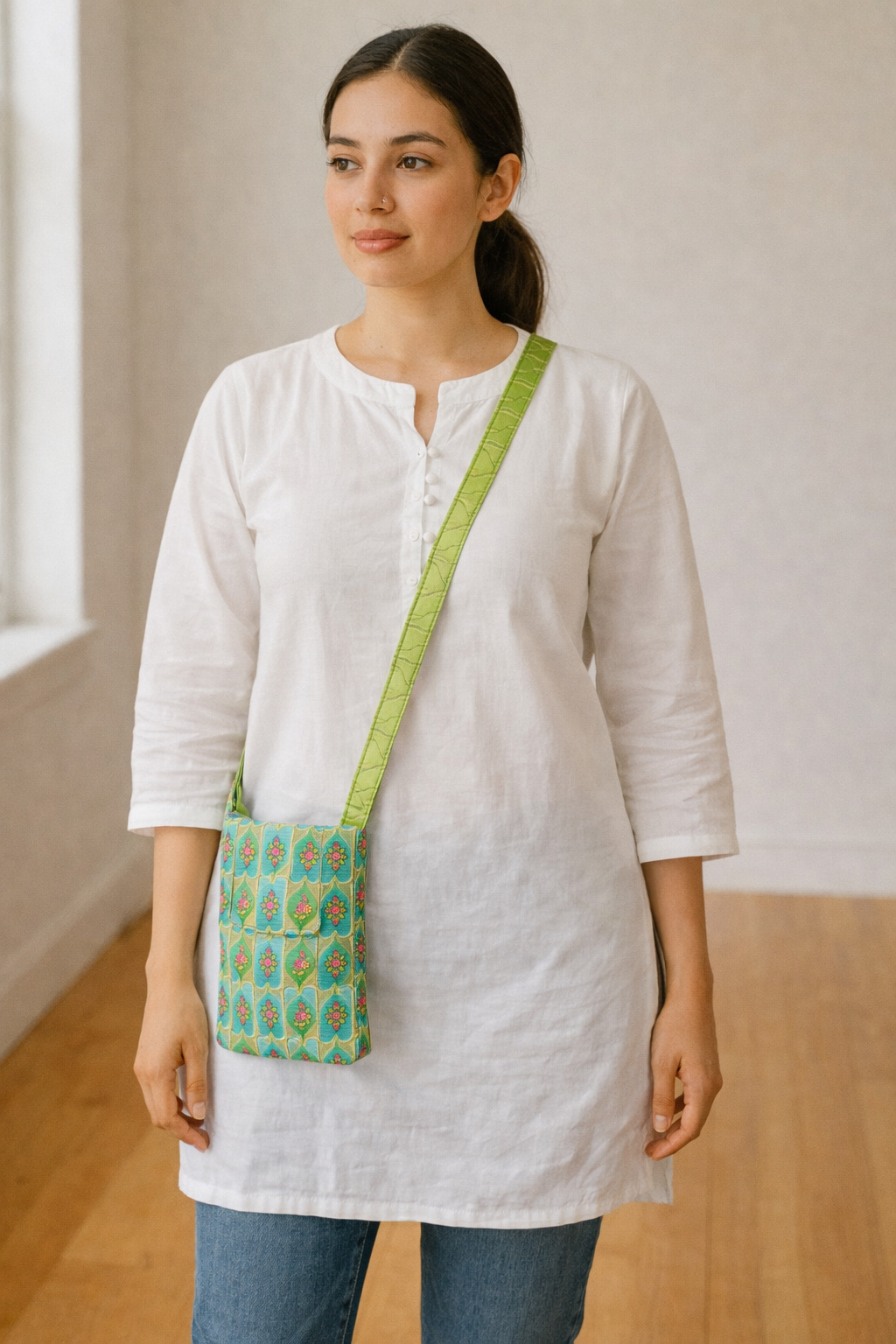 Embroidered Phone Pouch & Mini Sling Bag in Green Floral Print