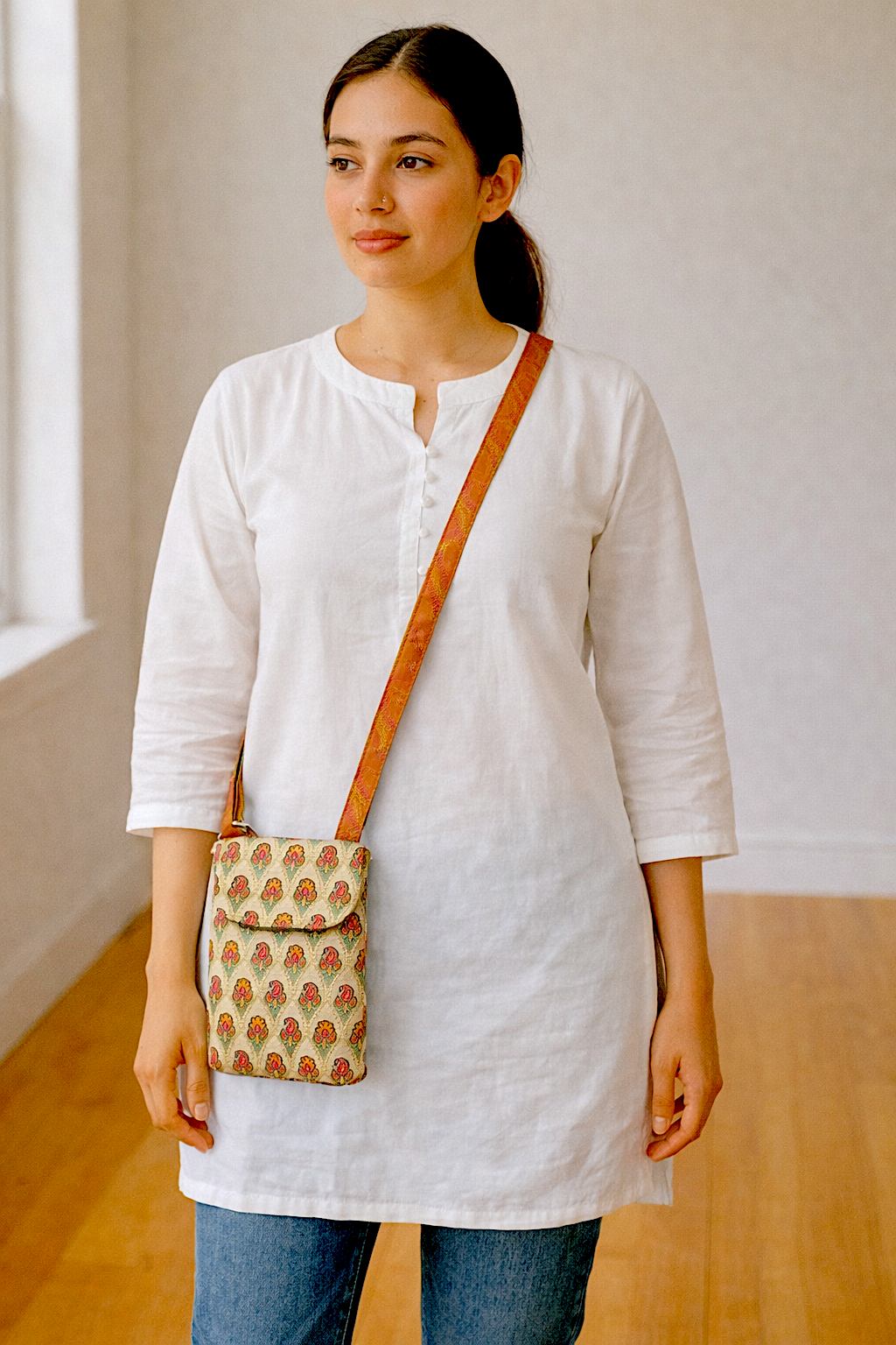 Cute Floral Embroidered Patch design Phone Pouch & Mini Sling Bag