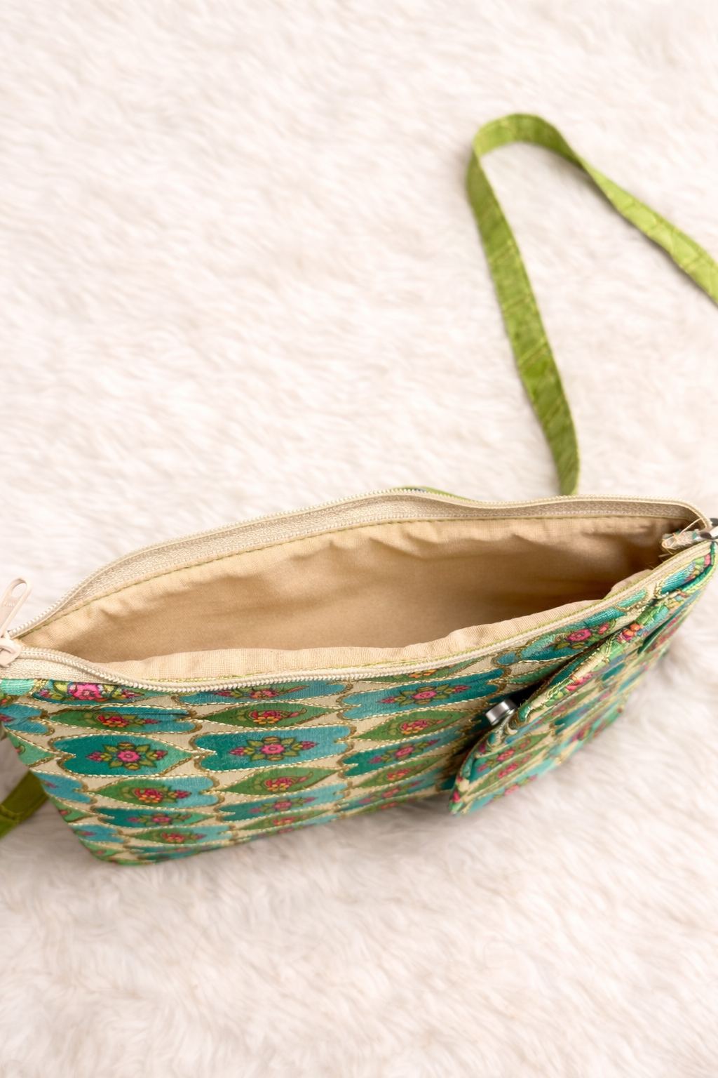 Embroidered Phone Pouch & Mini Sling Bag in Green Floral Print