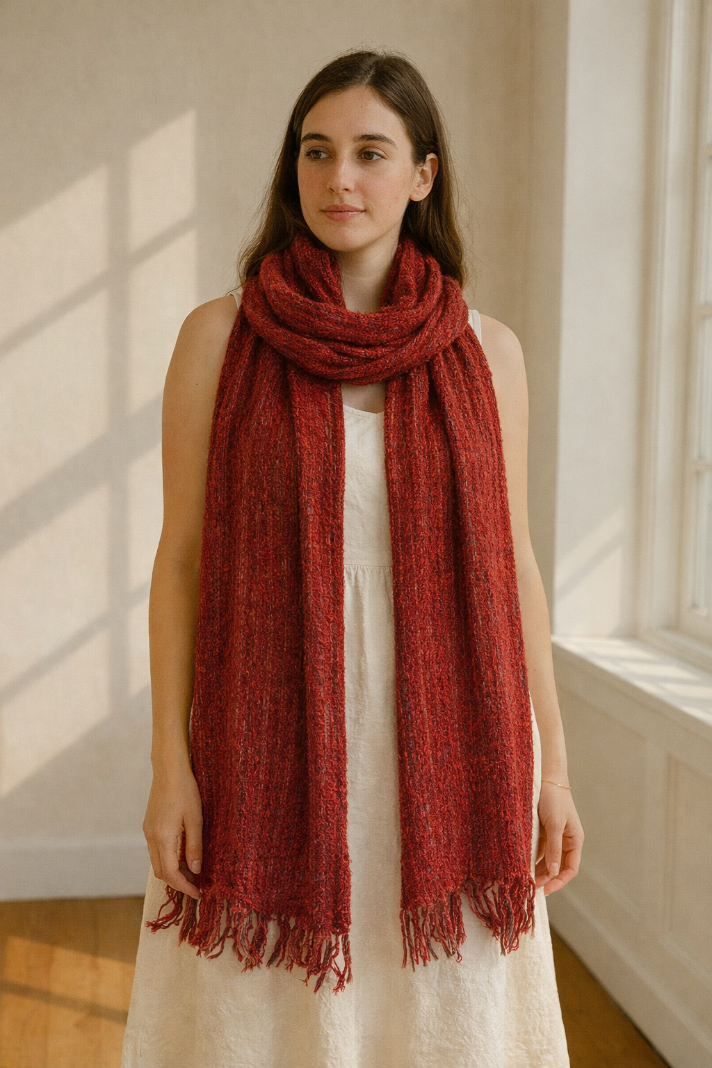 Luxurious Dark Red Chenille Scarf with Soft Textured Weave