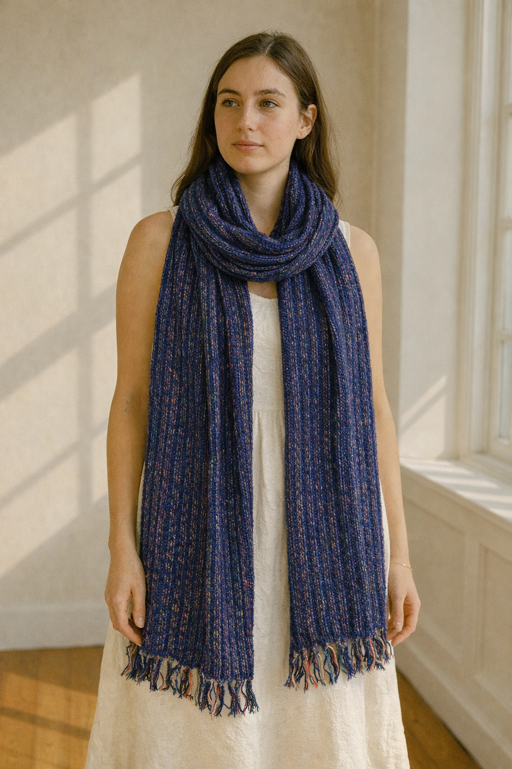 Luxurious Navy Blue Chenille Scarf with Soft Textured Weave