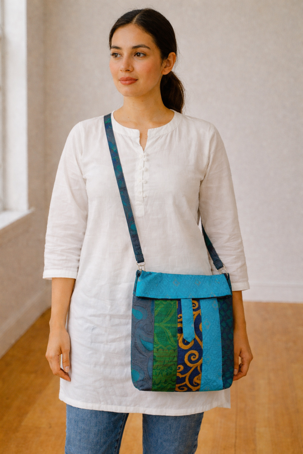 Pure Silk Patchwork Sling Bag in Teal & Blue with Dual Closure