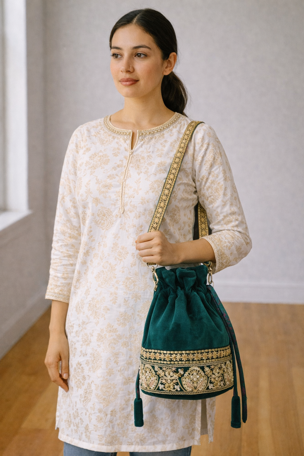 Embroidered Cotton Velvet Potli Bag cum Mini Sling in Emerald Green
