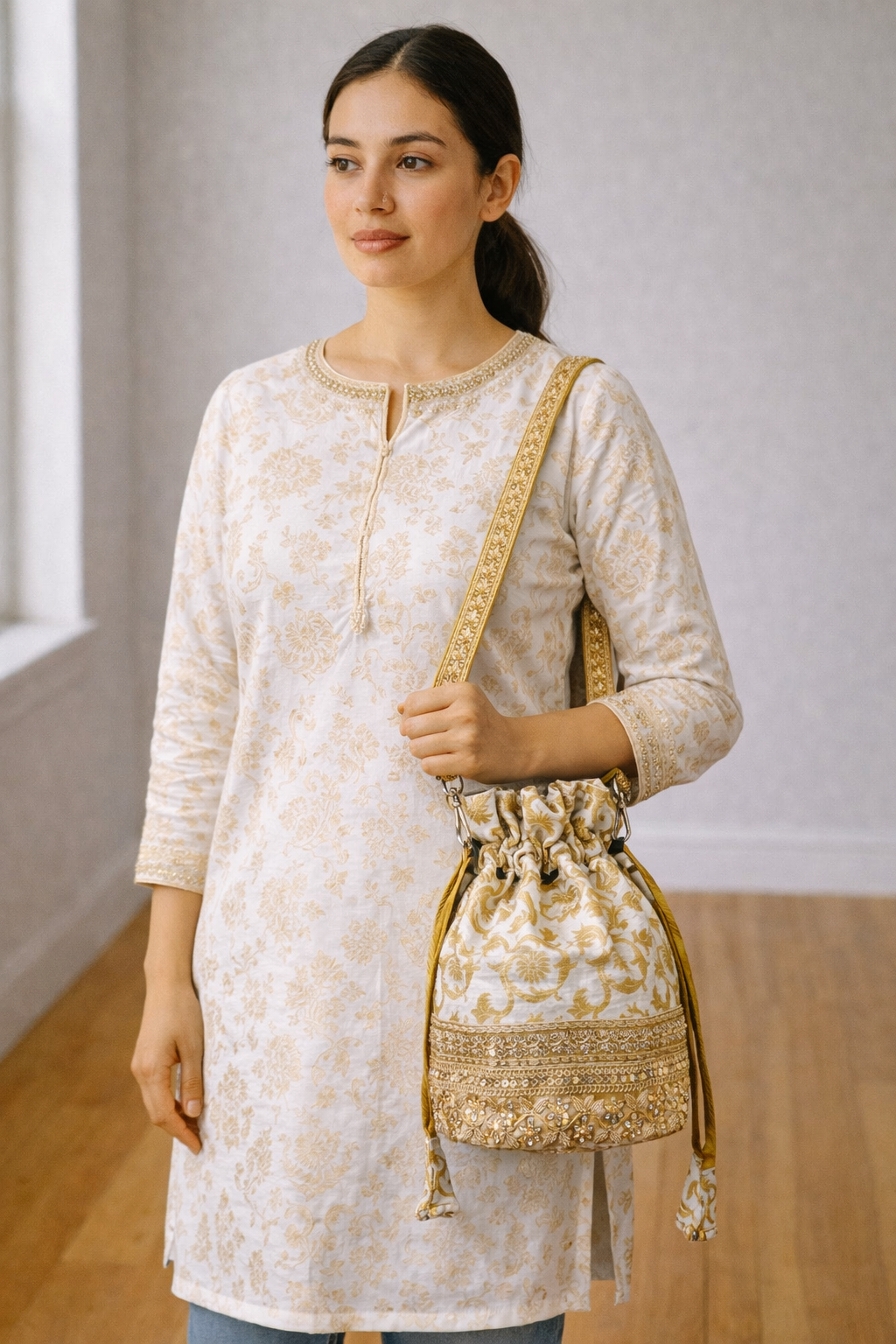 Banarasi White & Gold Embroidered Potli Bag cum Mini Sling