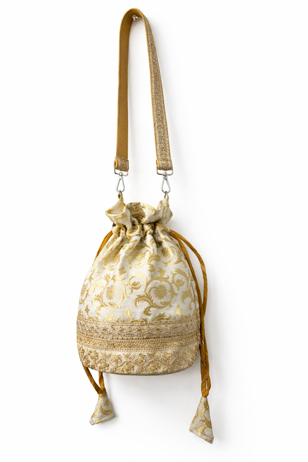 Banarasi White & Gold Embroidered Potli Bag cum Mini Sling
