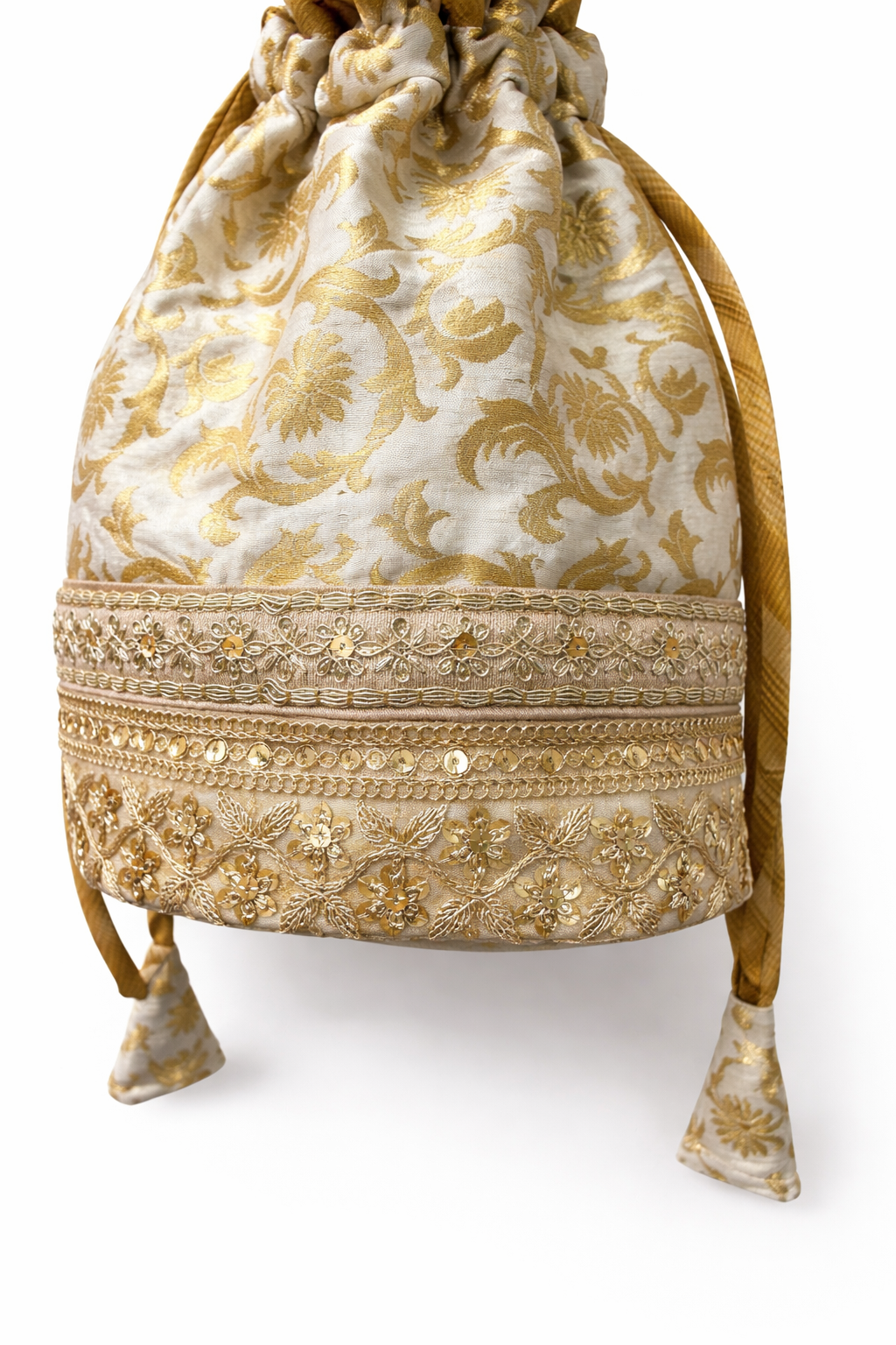Banarasi White & Gold Embroidered Potli Bag cum Mini Sling