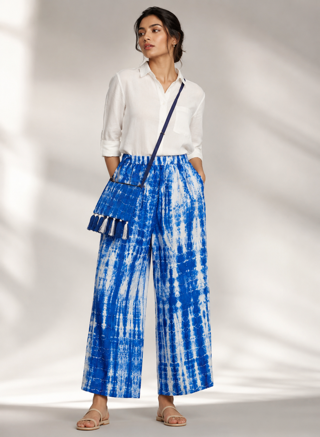 Azure Tide Hand Tie-Dye Cotton Wide-Leg Pants
