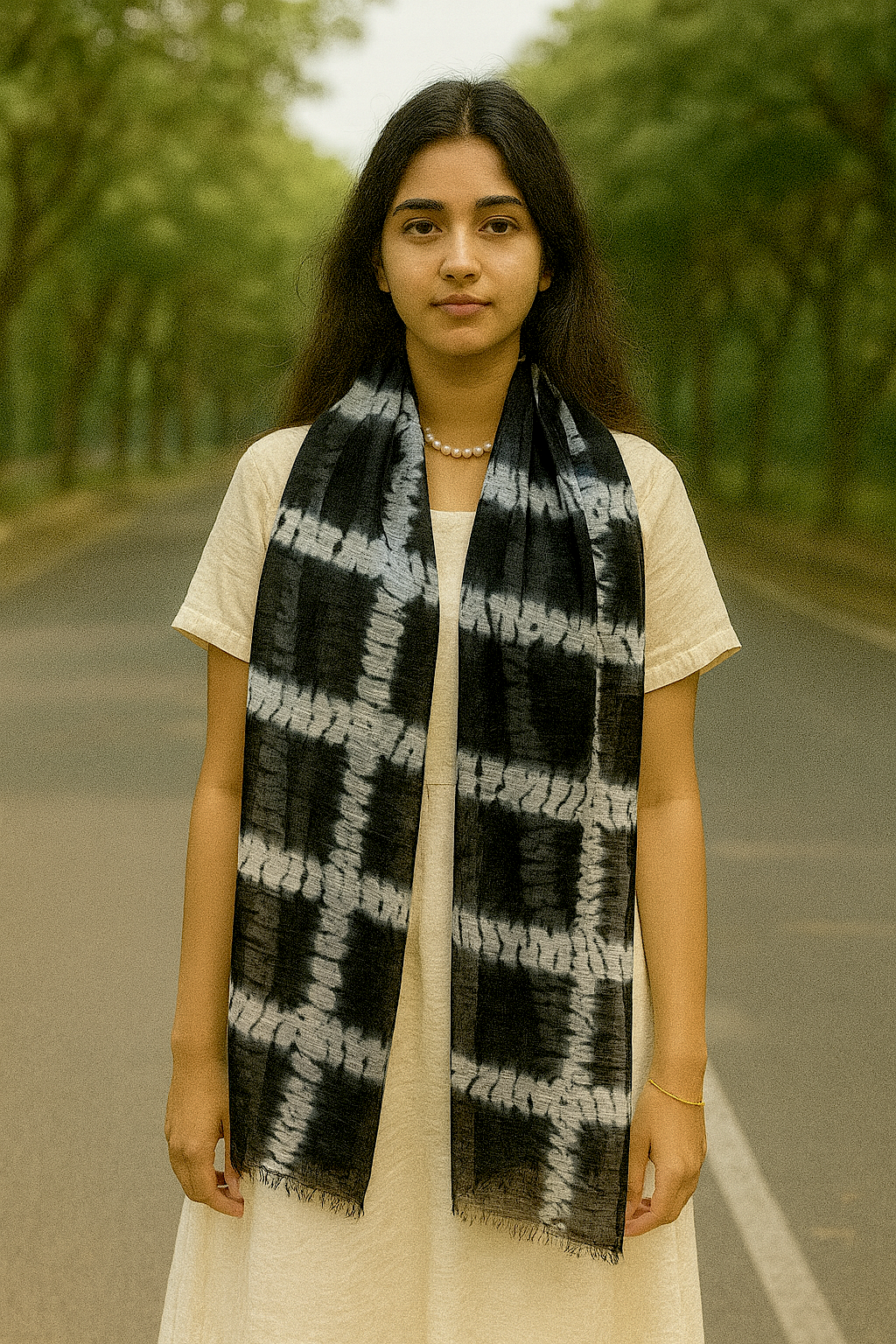 Shibori Black Checkered Hand Tye Dye Silk Cotton Natural Scarf