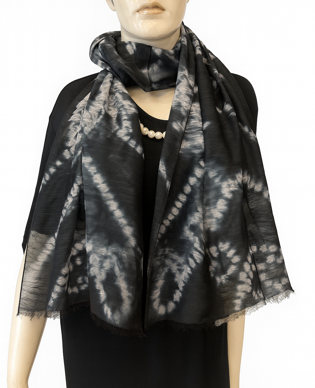Shibori Black Circles Hand Tye Dye Silk Cotton Natural Scarf
