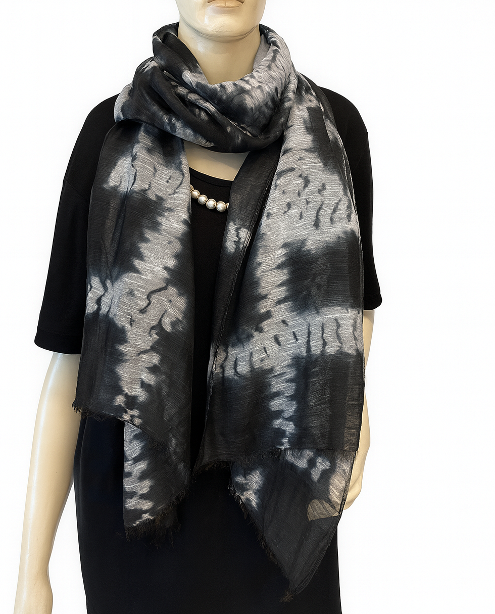 Shibori Black Checkered Hand Tye Dye Silk Cotton Natural Scarf