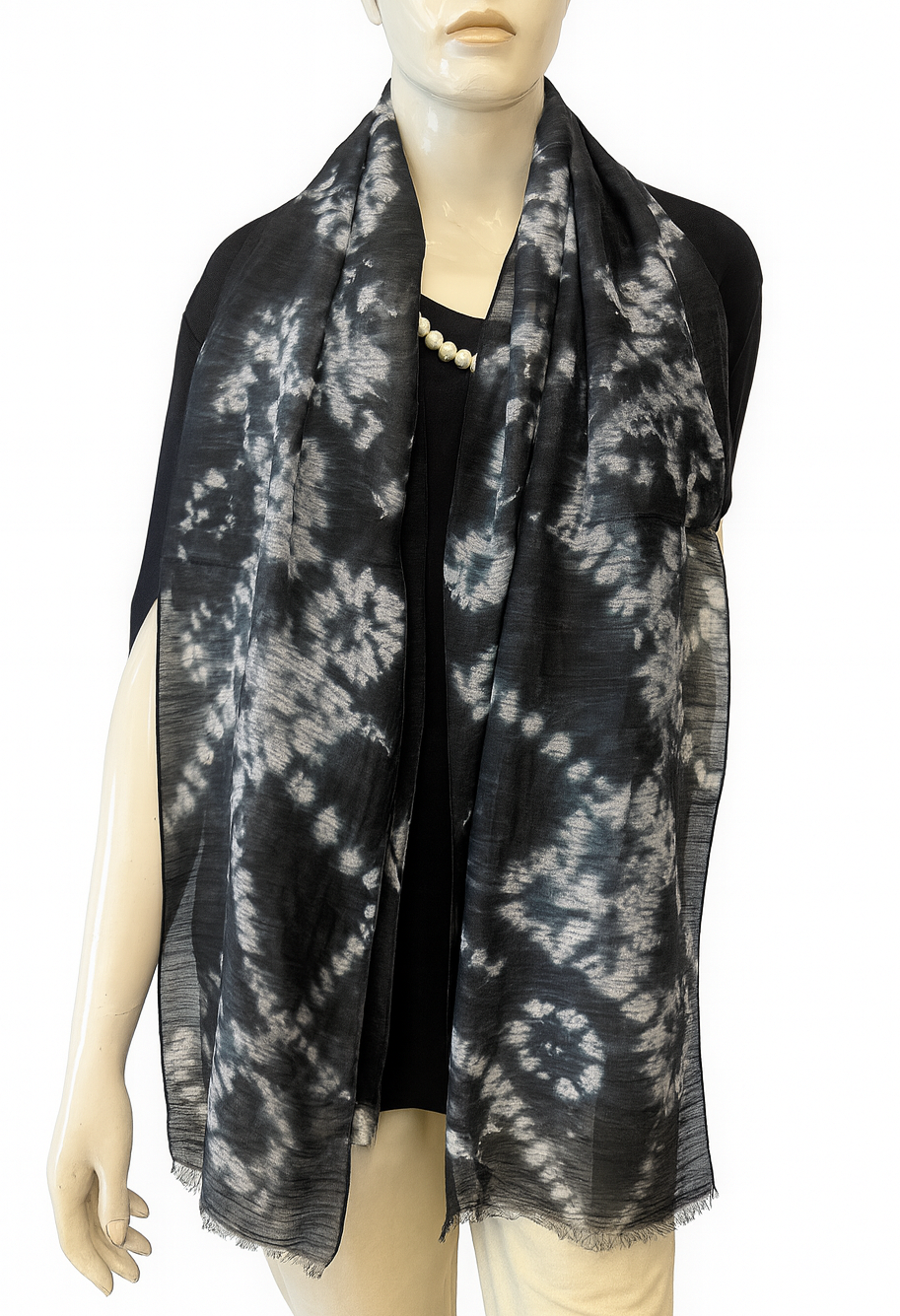 Shibori Black Circles Hand Tye Dye Silk Cotton Natural Scarf