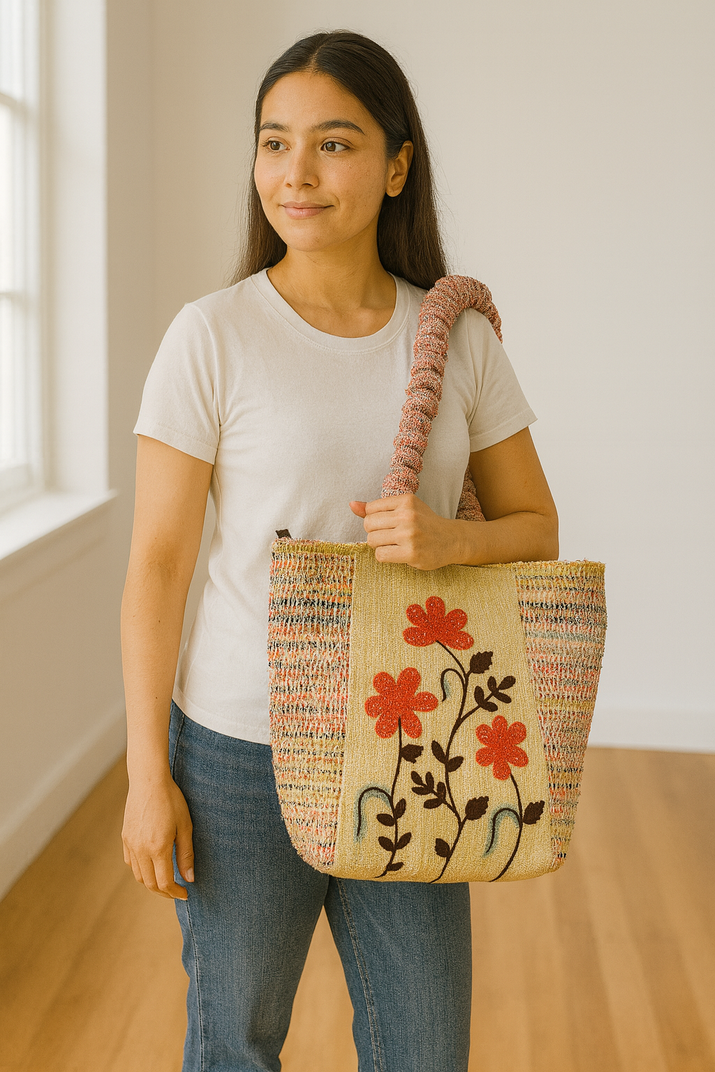 Artisan Woven Tote with Red Floral Embroidery – Mustard Multi-Tone