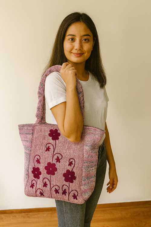 "Blossom Bloom" Red Handloom Embroidered Tote