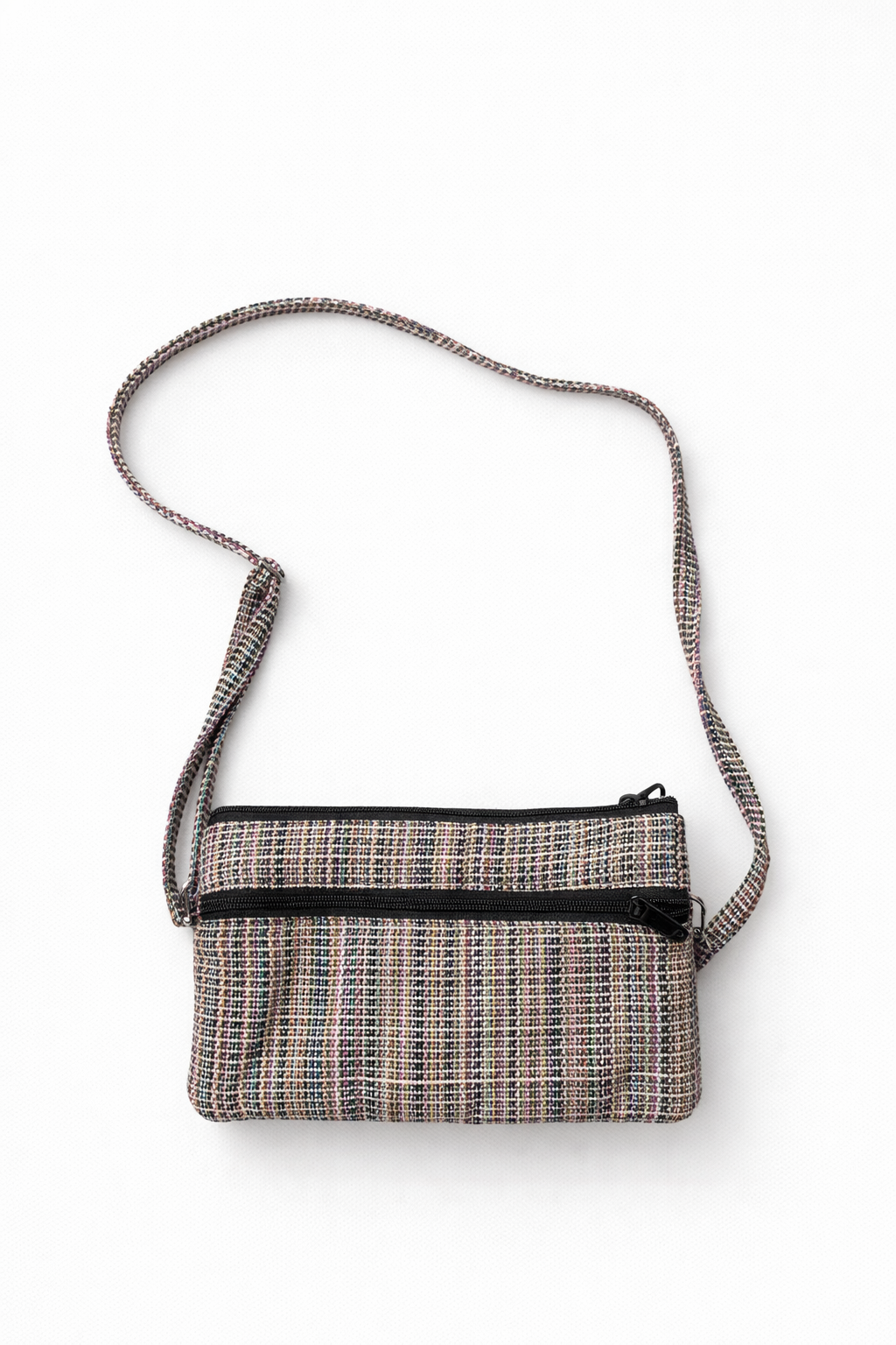 Tweed Multi-Zip Sling Bag with White Embroidered Detail