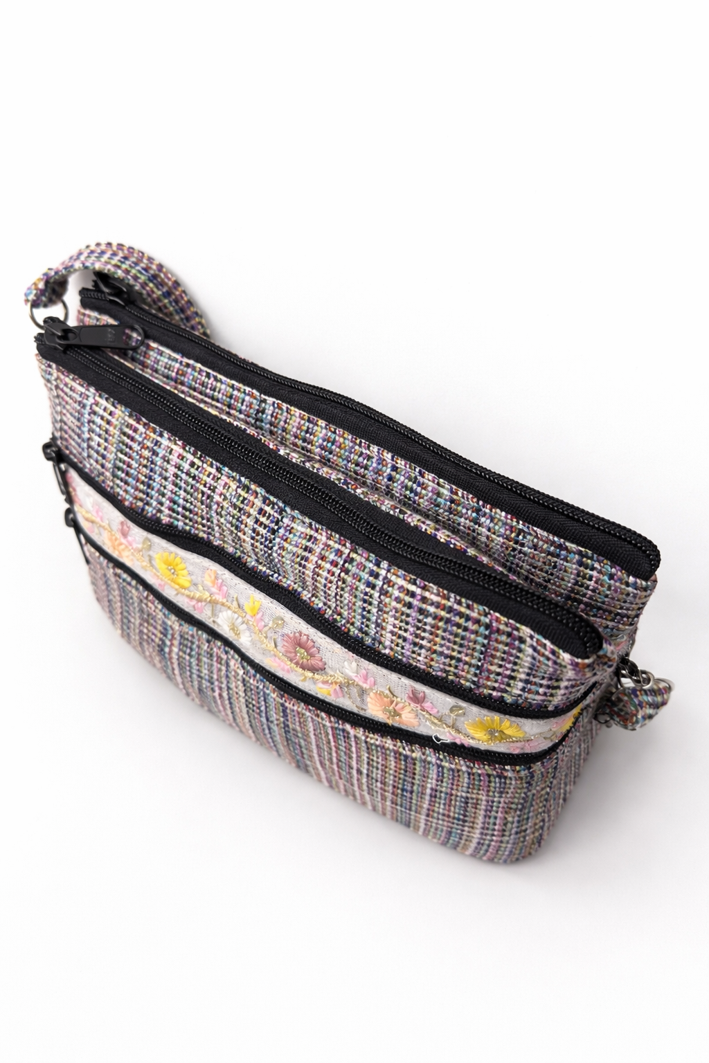Tweed Multi-Zip Sling Bag with White Embroidered Detail