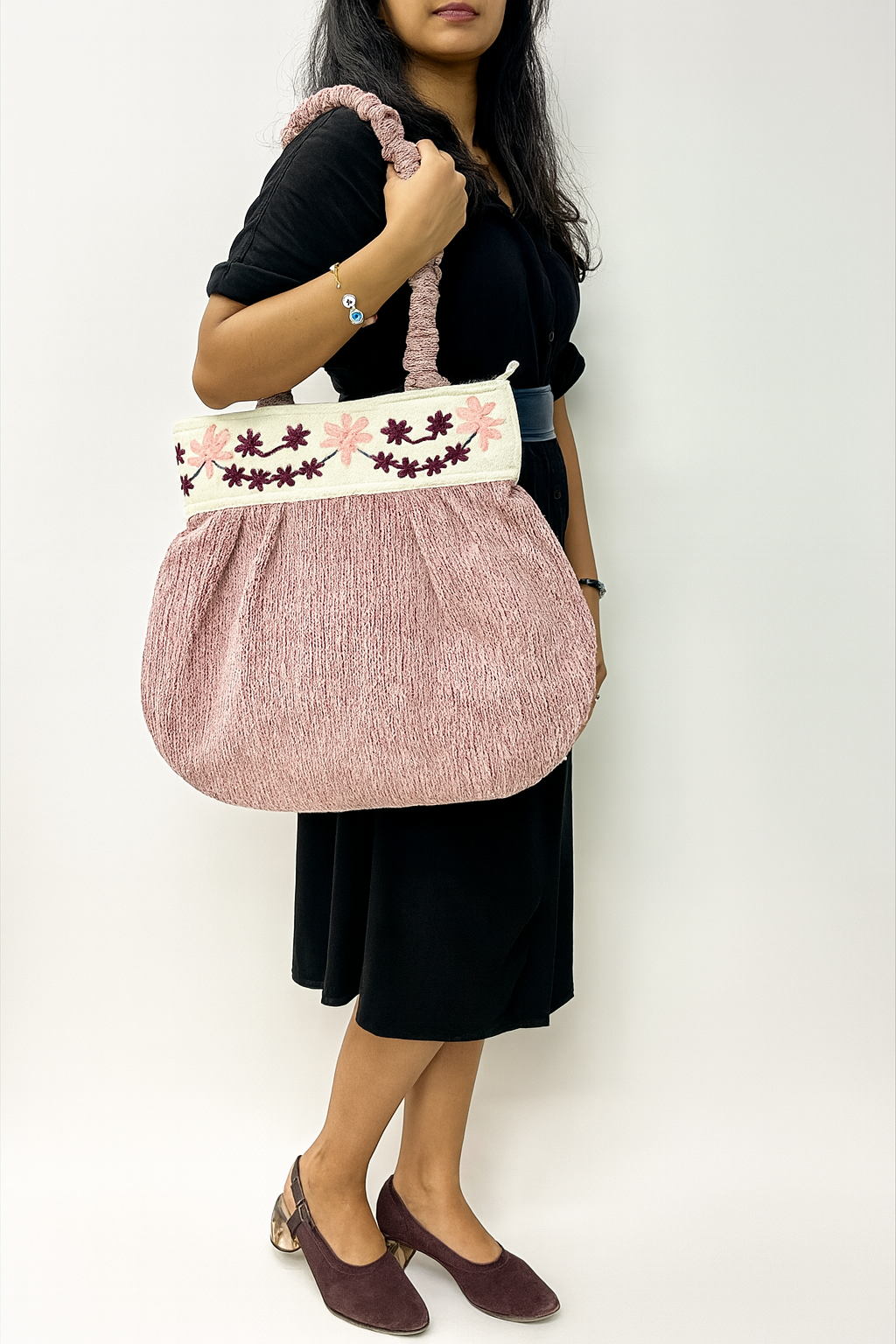 Petal Blush Red Embroidered Handloom Tote