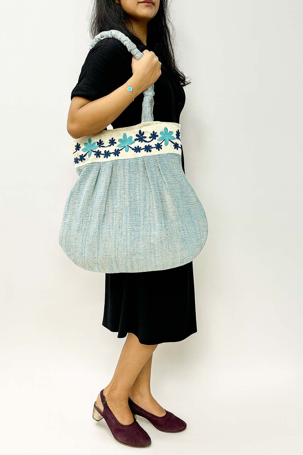 Petal Blues Embroidered Handloom Tote