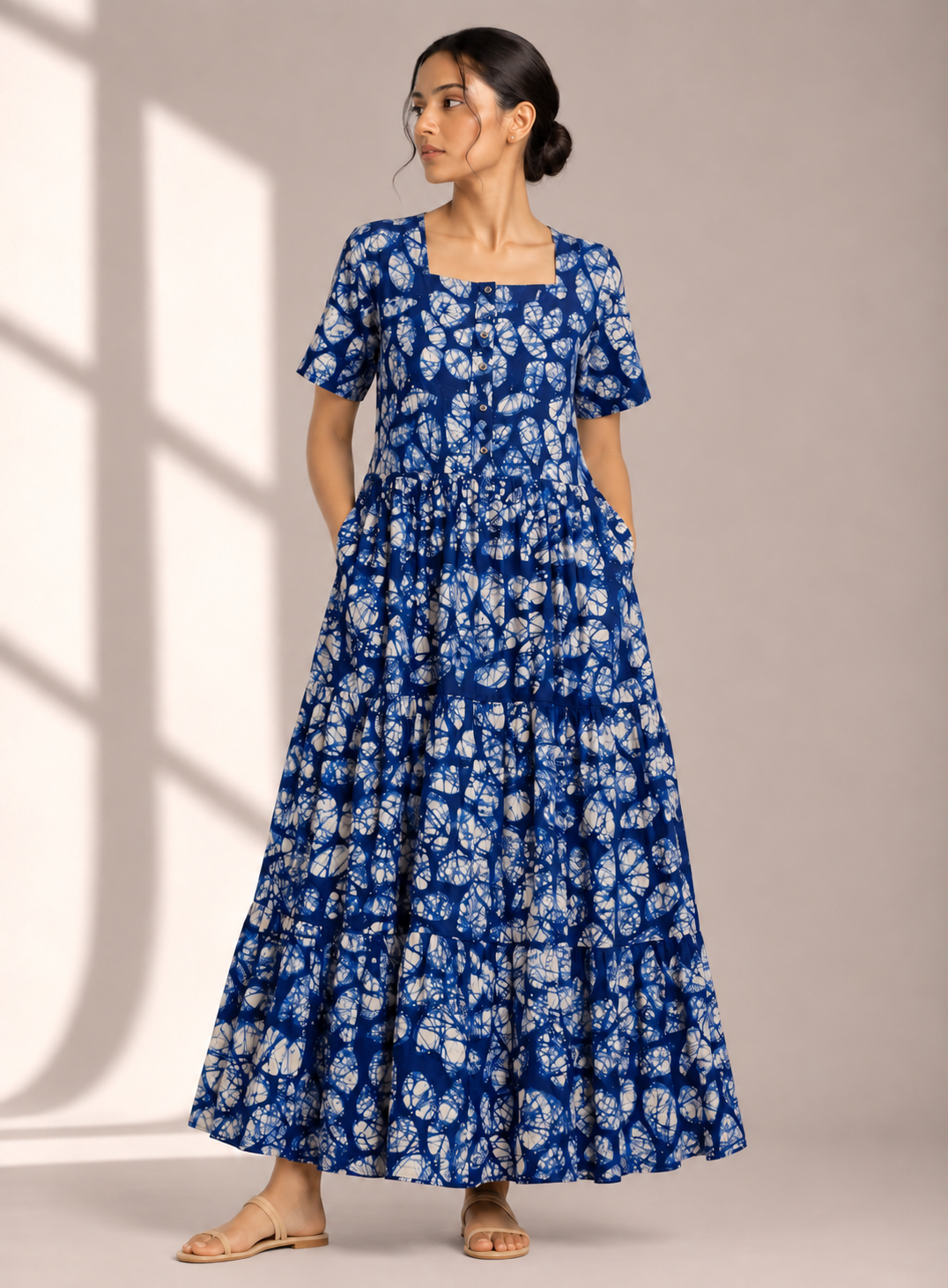Azure Bloom Hand Baatik Tiered Dress