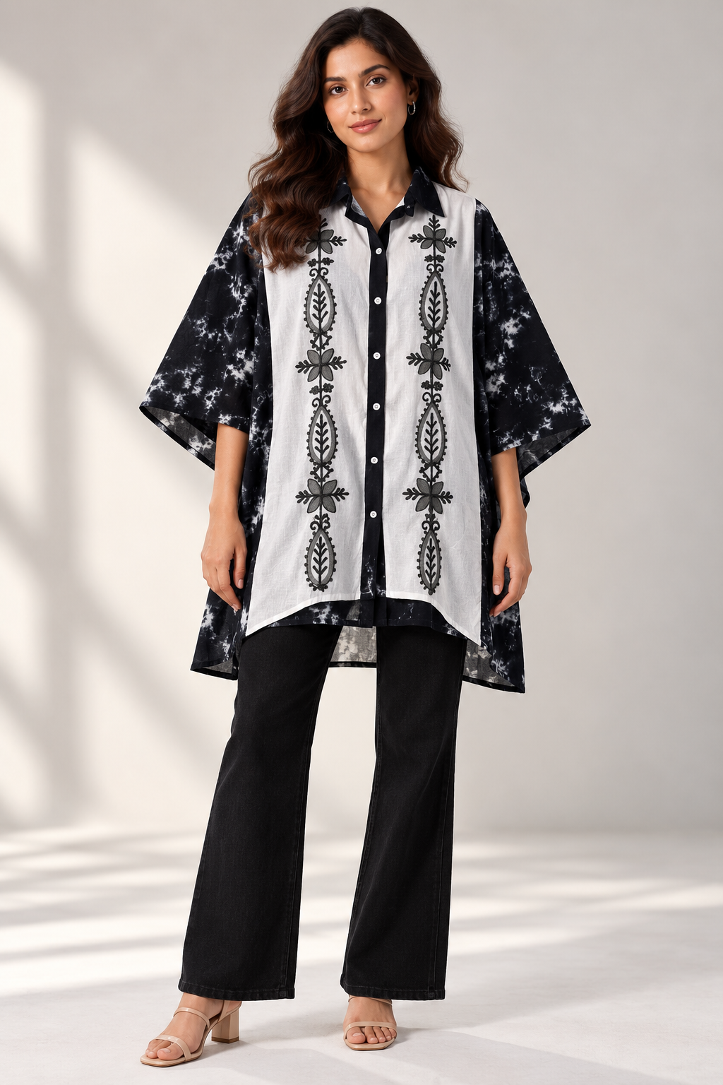 Cloudy Garden Hand Tie-Dye & Embroidered Cotton Kaftan Shirt