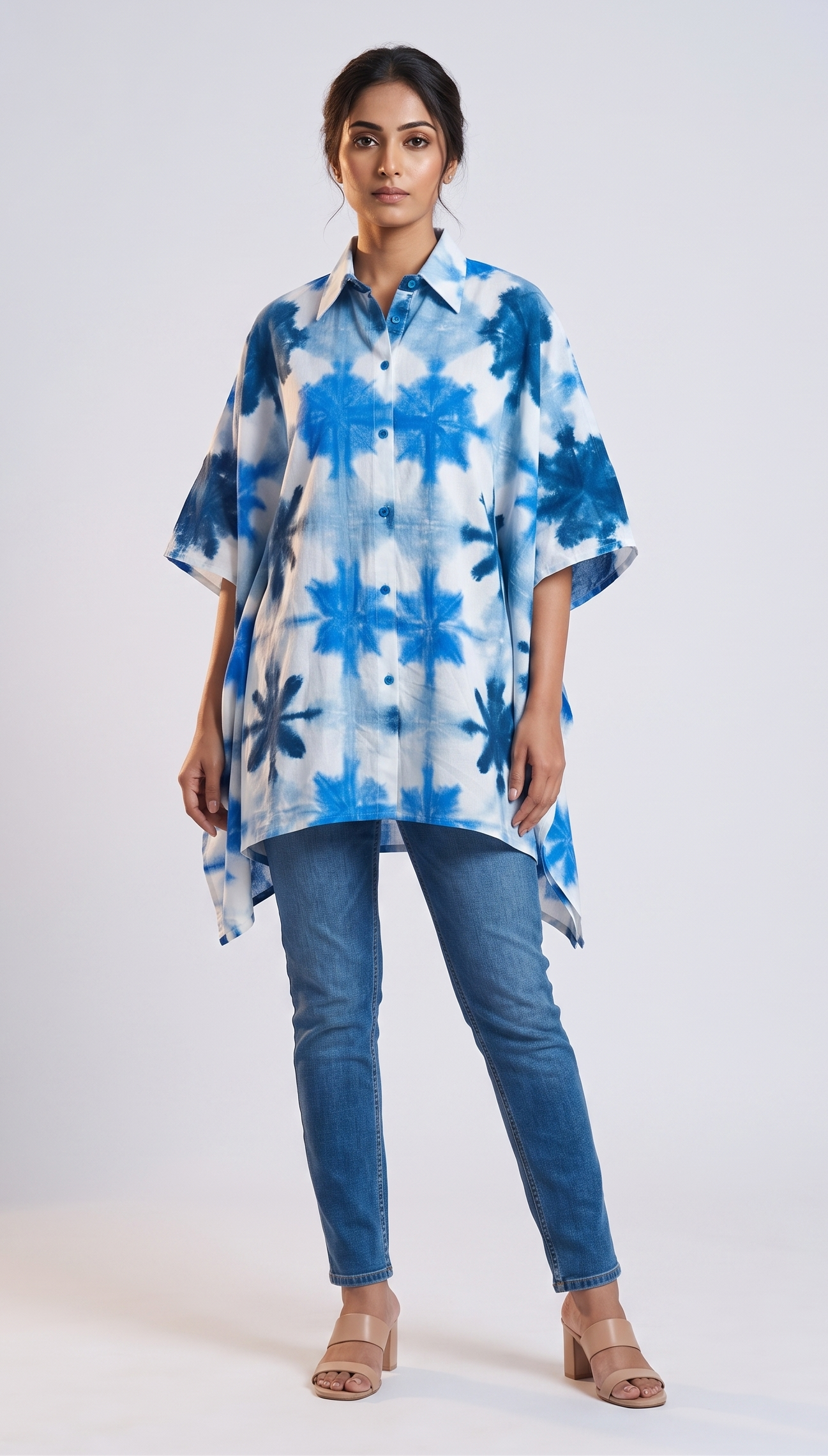 Indigo Bomb Hand Tie-Dye Cotton KAFTAN Shirt