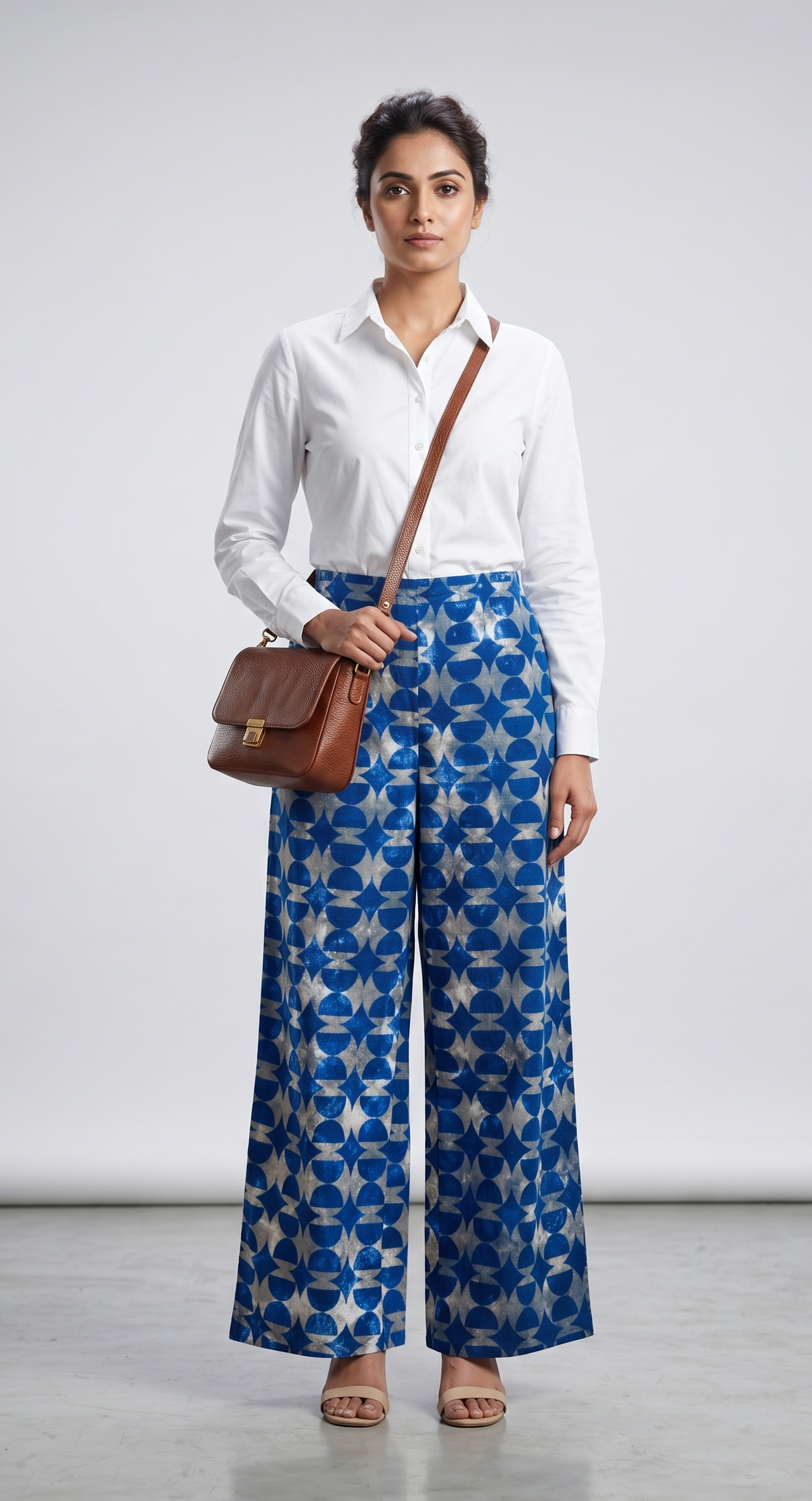 Cobalt Mosaic Hand Tie-Dye & Overprint Cotton Wide-Leg Pants