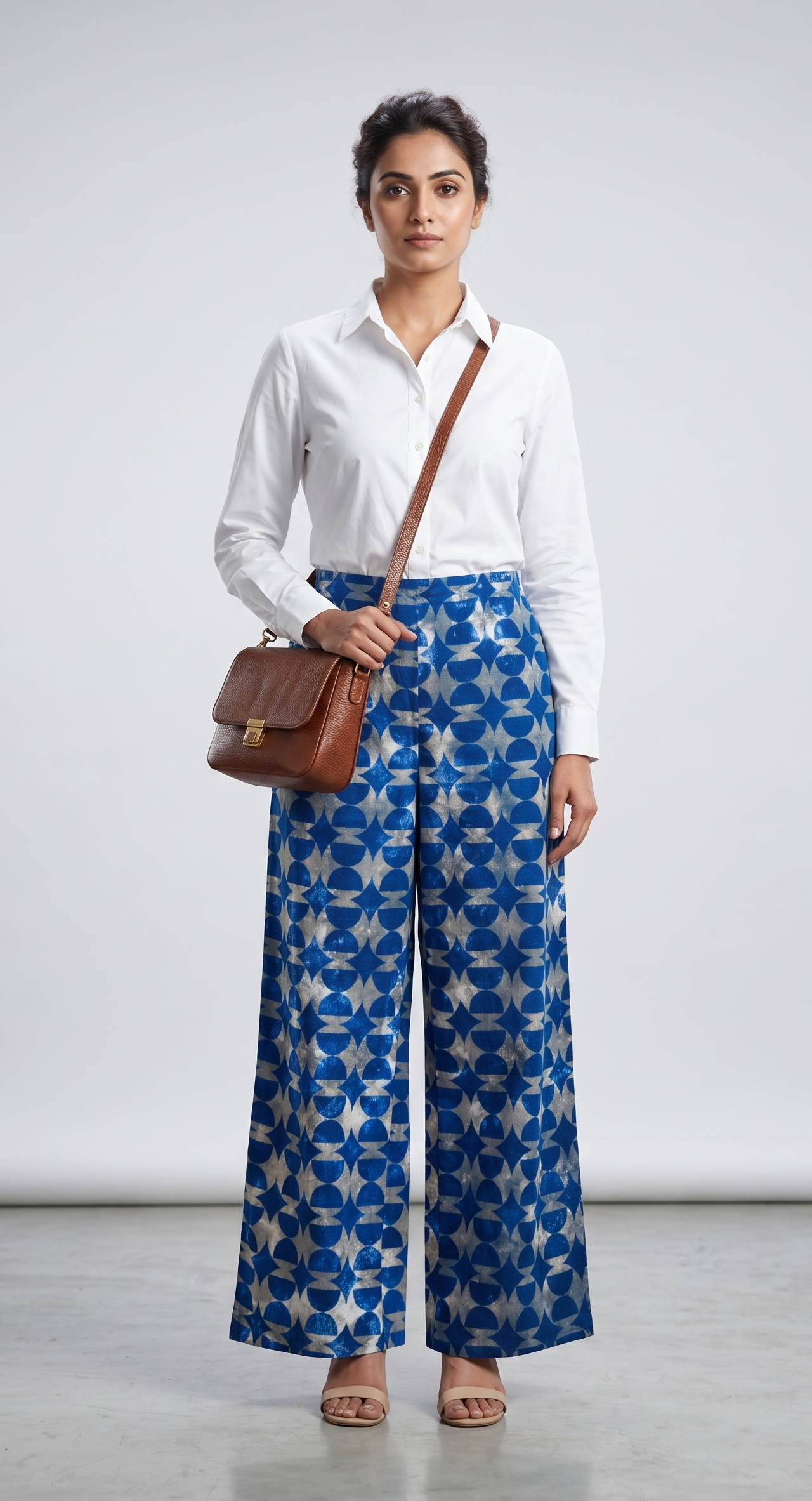 Cobalt Mosaic Hand Tie-Dye & Overprint Cotton Wide-Leg Pants