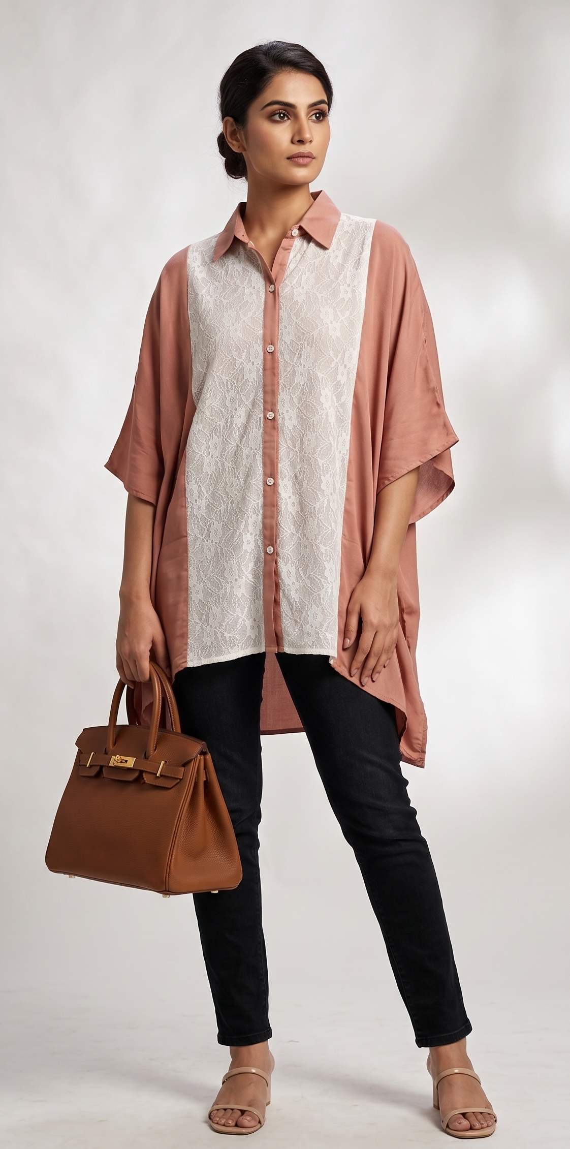 Dusty Rose Mist Modal Lace-Detail Kaftan Shirt