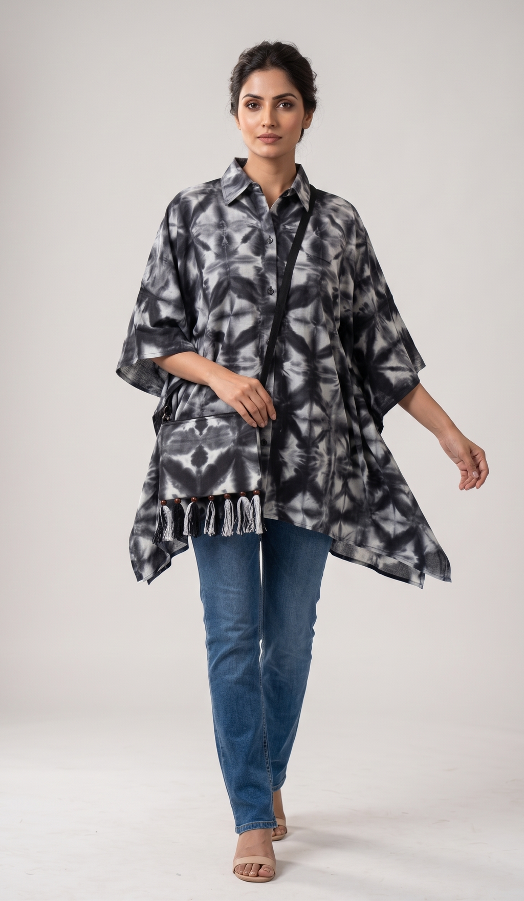 Midnight Ripple Hand Tie-Dye Cotton Kaftan Shirt